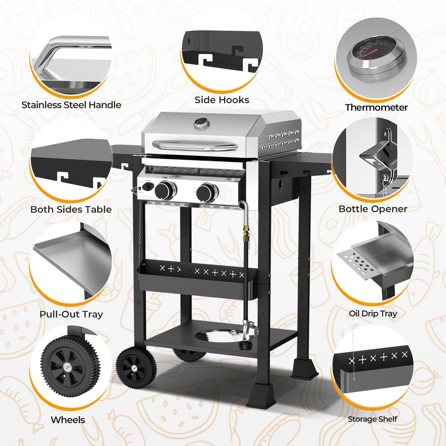 R.W.FLAME G20B Propane Gas Grill with 2-Burner, 16000 BTU Stainless Steel Outdoor BBQ Grill for Cooking with Top Cover Lid,Wheels,Side Storage Shelves,hooks Portable Barbeque for Patio Garden Camping