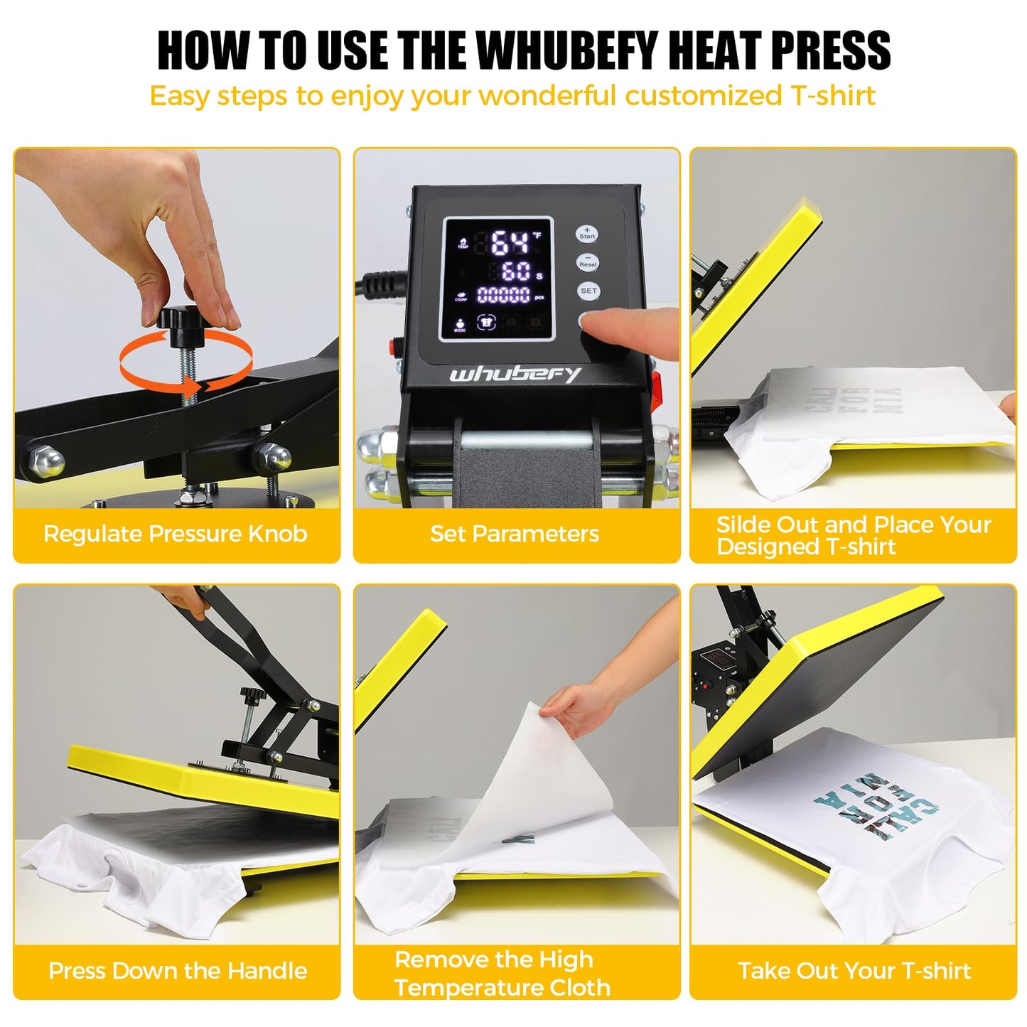 Whubefy Heat Press 15x15, Slide Out Press Machine for T-shirts w/ 3 Pre-Set Modes, Dual-Tube Fast Heating, High Pressure Digital Industrial Clamshell Sublimation Printer for Bag, Pillow, Puzzle & More