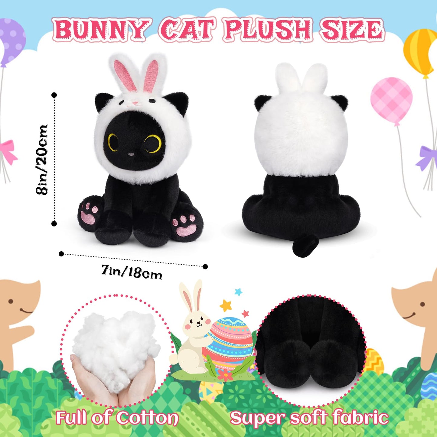 Hagusahuo Black Cat Plush with Removable Bunny Hood, Cute Stuffed Animal Kawaii Soft Toy for Kids Toddlers, Birthday Gift for Boys Girls, Party Favors