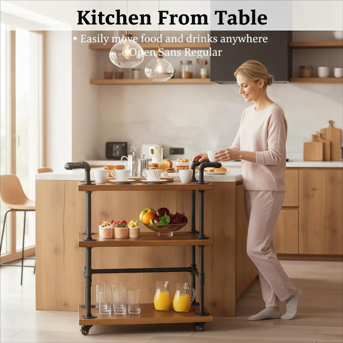 DOFURNILIM Industrial Pipe Bar Carts/Serving Carts/Kitchen Carts/Wine Rack Carts on Wheels with Shelves - Wood Rolling Carts - Wine Tea Liquor Shelves/Holder - Home Furniture