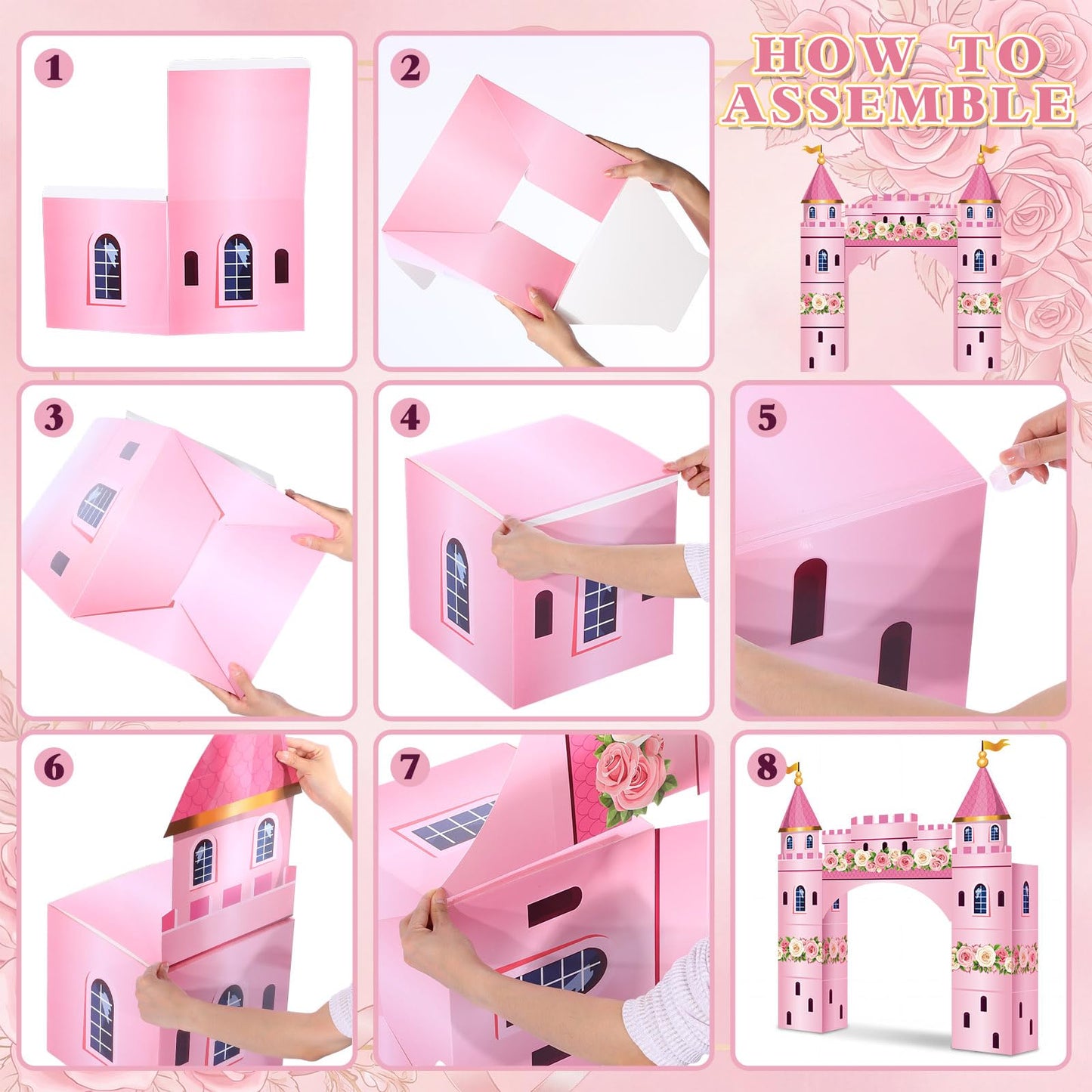 Pajean 9 Pcs Princess Party Decorations 43 x 60 Inch Pink Princess Cardboard Castle Playhouse Kit Floral Castle Fort Set Girl Birthday Centerpiece for Bridal Shower, Tea Party, Wedding Decor