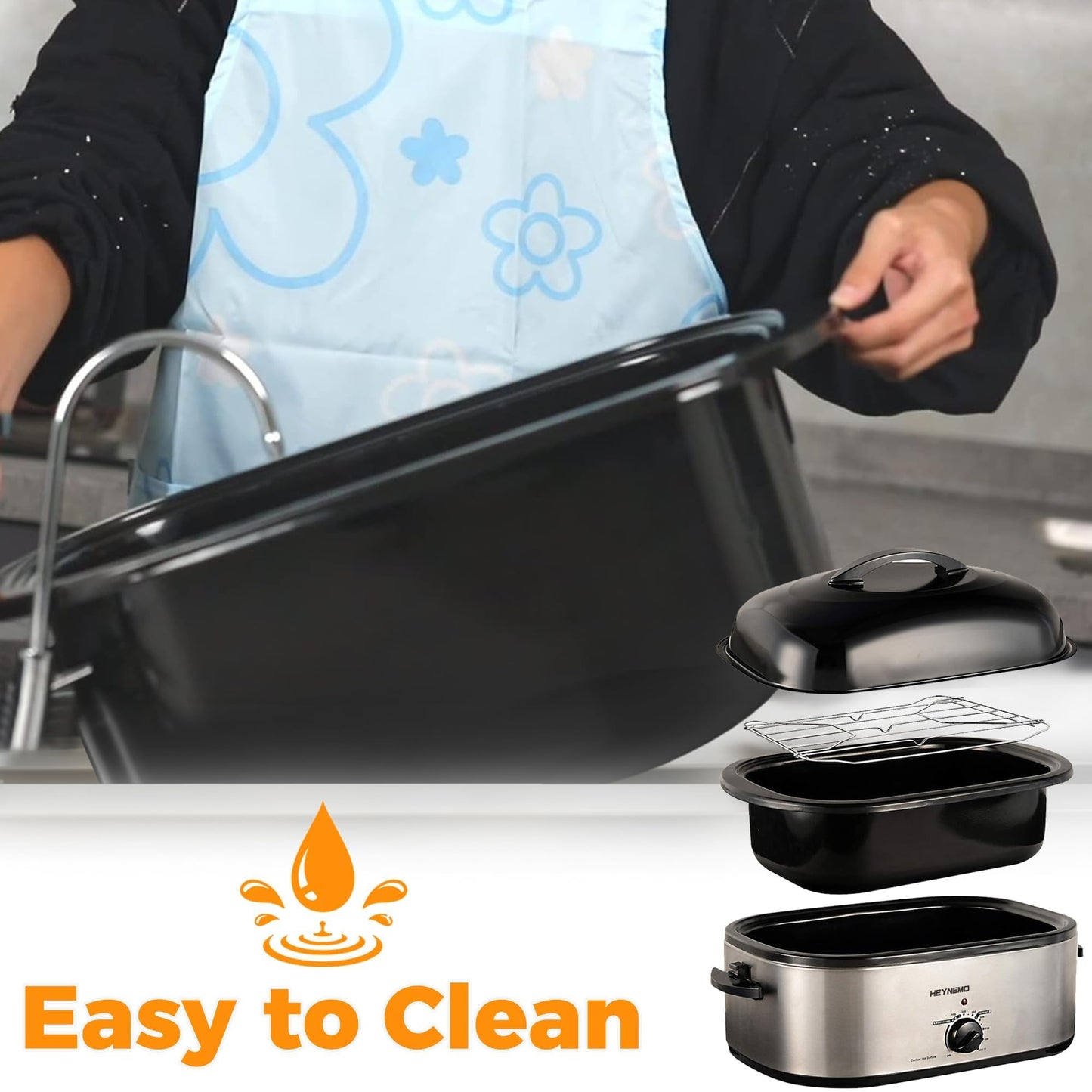 Roaster Oven 22Qt, Turkey Electric Roaster Oven Buffet with Self-Basting Lid, Removable Pan, Cool-Touch Handles, Stainless Steel, Silver