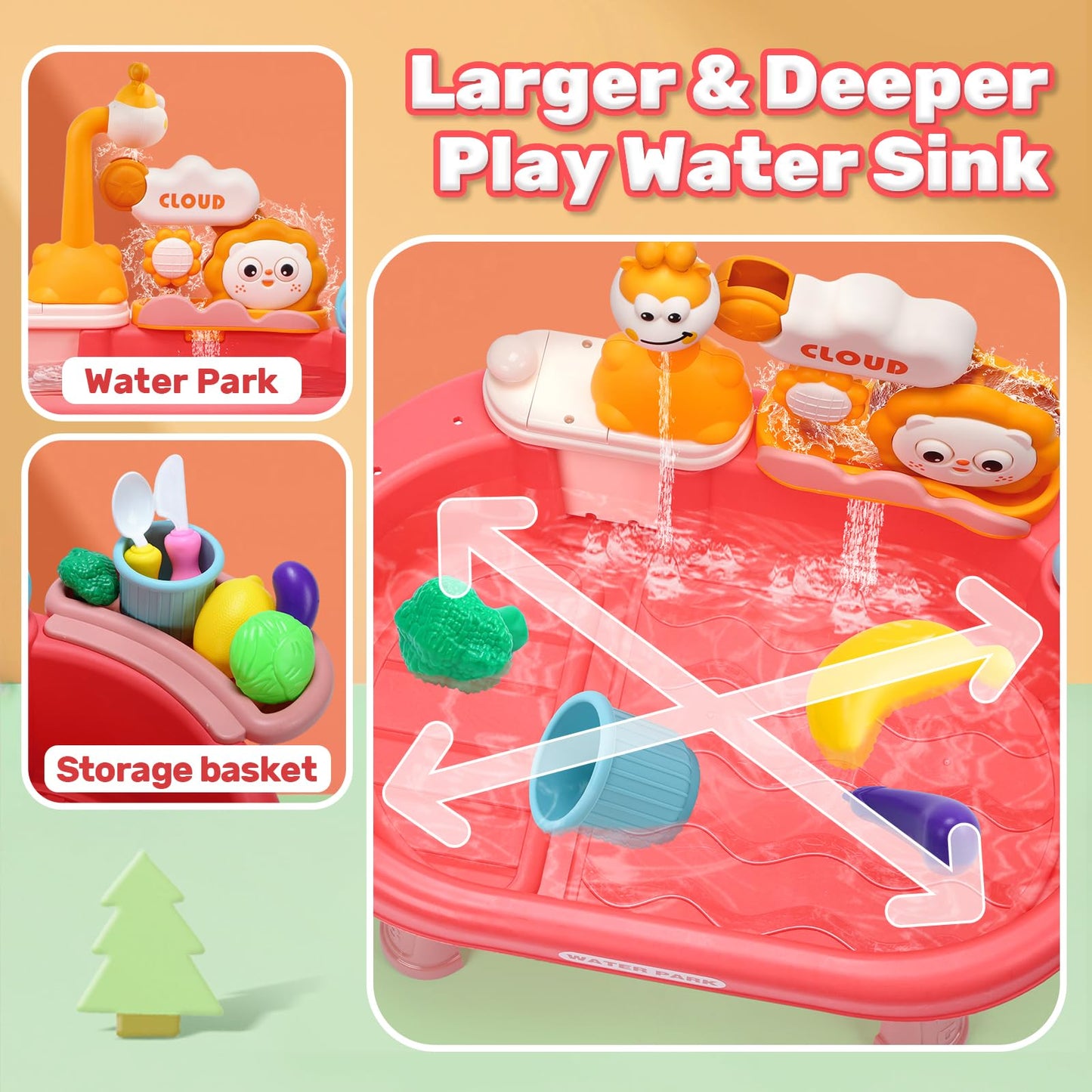 HOLYFUN Play Kitchen Sink with Running Water, Water Table Toy, Sink Toy with Functional Faucet, Play Food, Pots & Pans Kitchen Accessories, Realistic Pretend Play Gift Set for Toddlers and Kids (Pink)