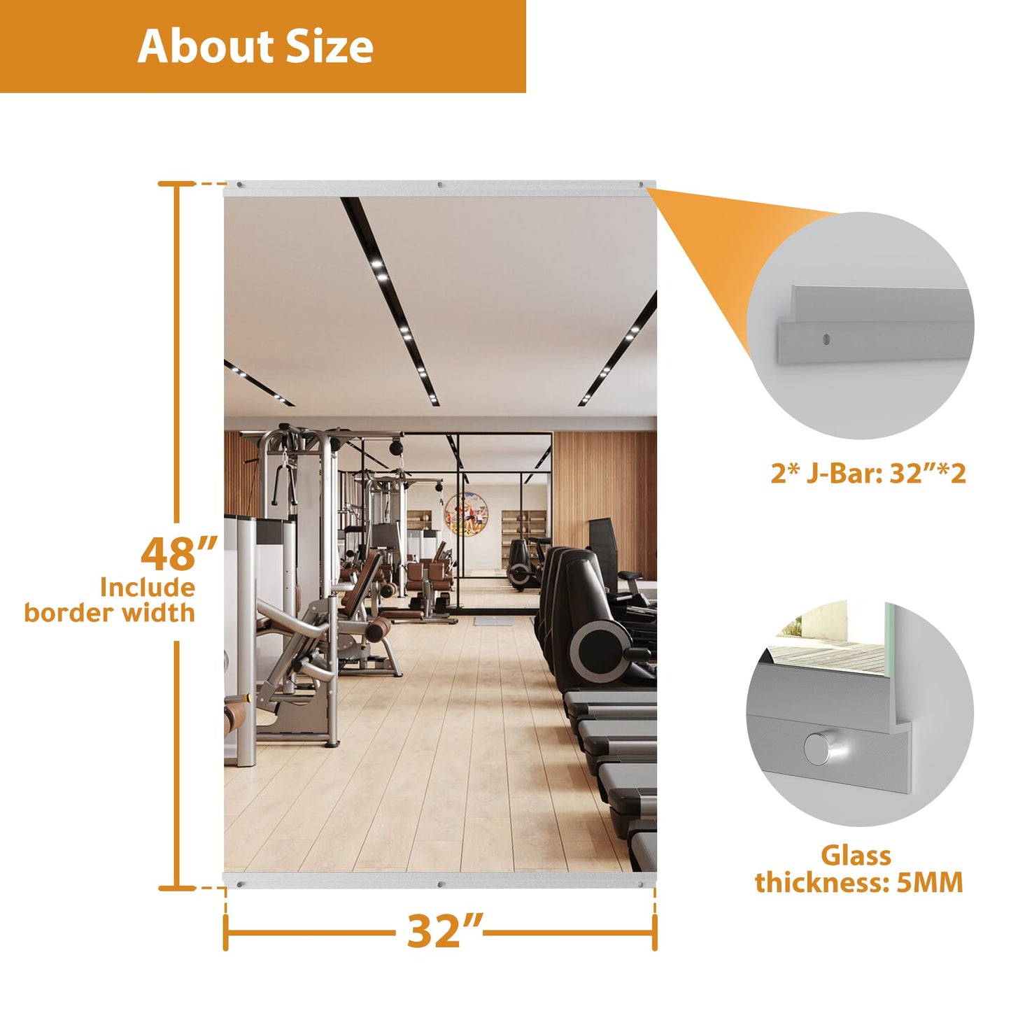 ROOMTEC Home Gym Mirror 48"x32" Frameless Wall Mounted Fitness Mirror, Large Tempered Glass Full Length for Yoga, Dance Studio, Workout Room