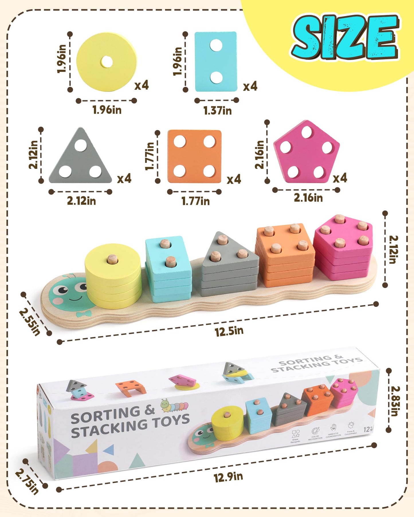 Zeewoo Montessori Toys for 1 2 3 Year Old Girl Boy Gifts Educational for 1-2 Year Old Caterpillar Wooden Shape Sorter Stacking Toys for Toddlers 2-4 Preschool Learning Toy Birthday Gift