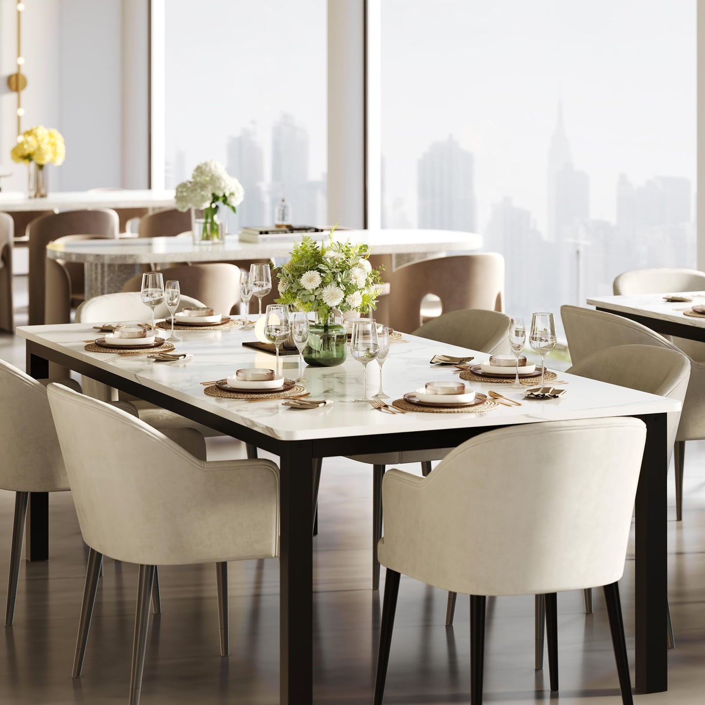 GarveeHome 70.8 in Industrial Dining Table for 6, Wooden Long Dinner Table with Mortise Tenon Design, Kitchen Table with Sturdy Metal Legs, for Dining Room Home Office Living Room, White
