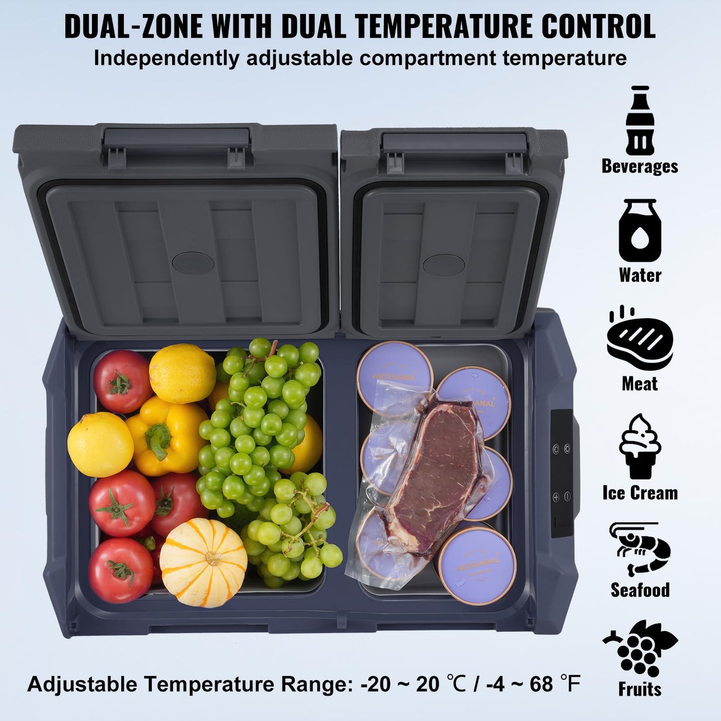 VEVOR Car Refrigerator, 12 Volt Car Refrigerator Fridge, 40 L Dual Zone Portable Freezer, -4℉-68℉ Adjustable Range, 12/24V DC and 100-240V AC Compressor Cooler for Outdoor, Camping, RV