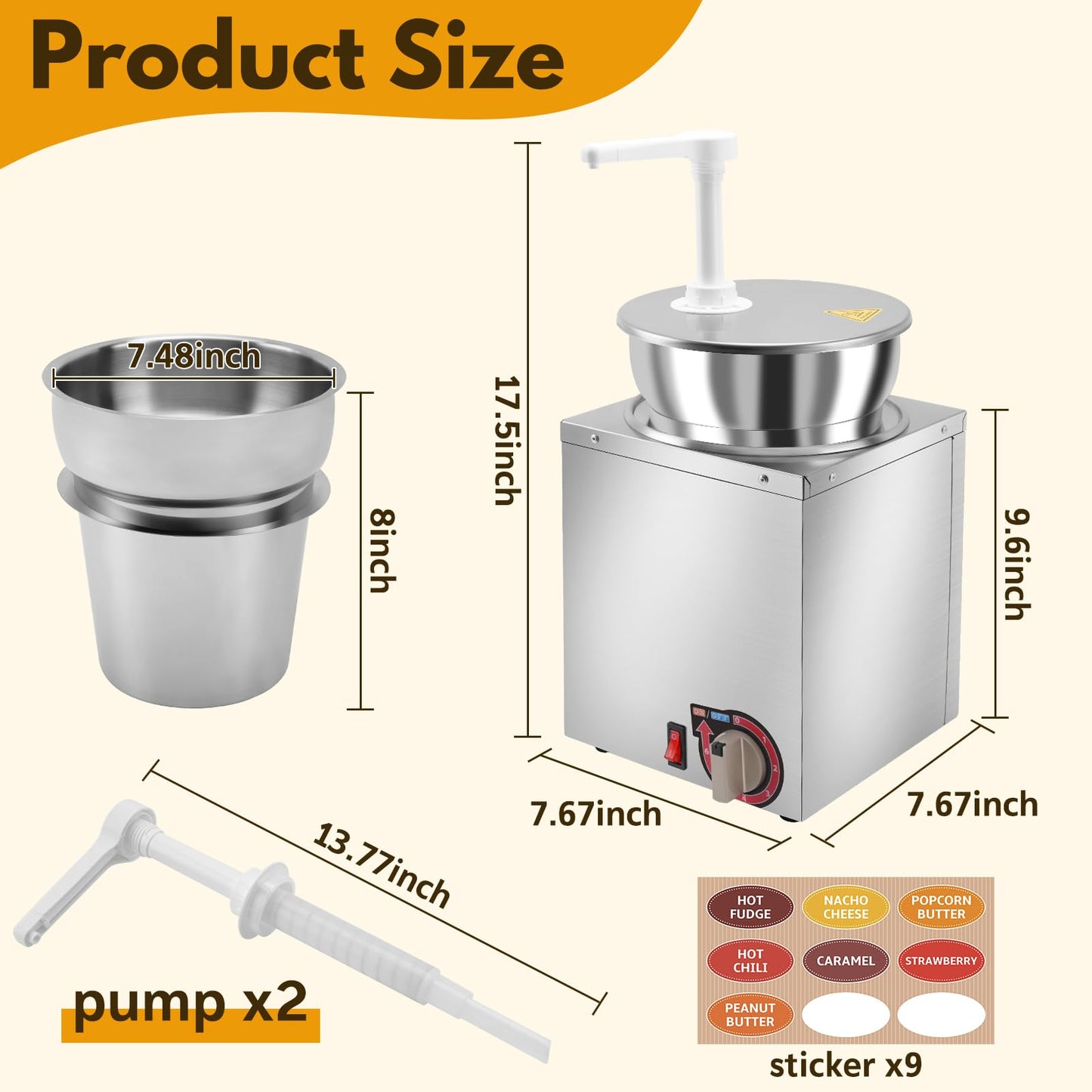 Fulgutonit Electric Nacho Cheese Dispenser with Pump, 4.6Qt Nacho Cheese Warmer, Commercial Hot Fudge Warmer, 86~190℉ Adjustable Temp Nacho Cheese Sauce Warmer for Buffet Kitchen Cafeteria Home Party