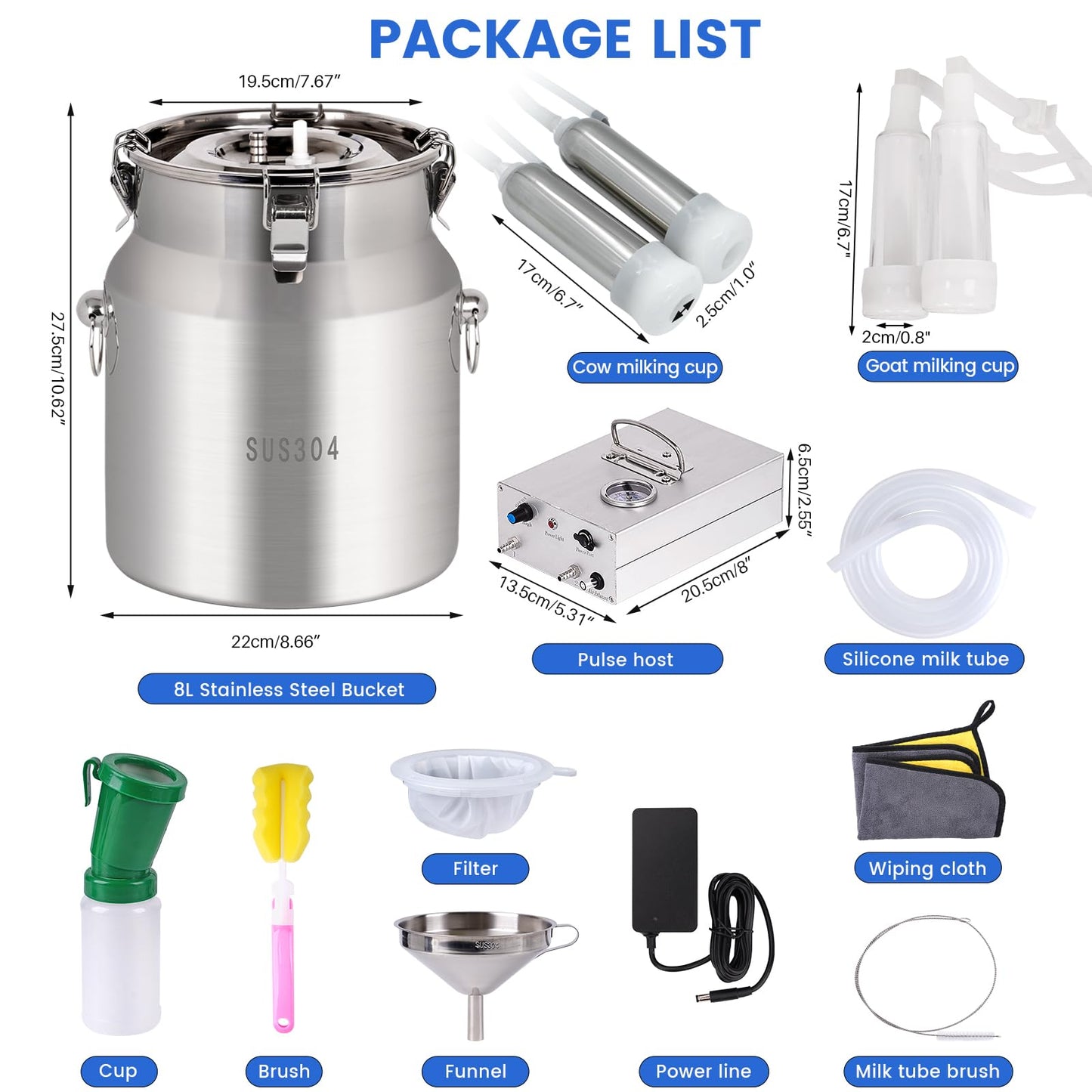 KHEARPSL 8L Cow/Goat Two-in-One Rechargeable Electric Milker, Goat Milker Machine, Cow Milking Machine, The Latest Pulsation Vacuum Pump with Pressure Gauge, 304 Stainless Steel Bucket (Rechargeable)