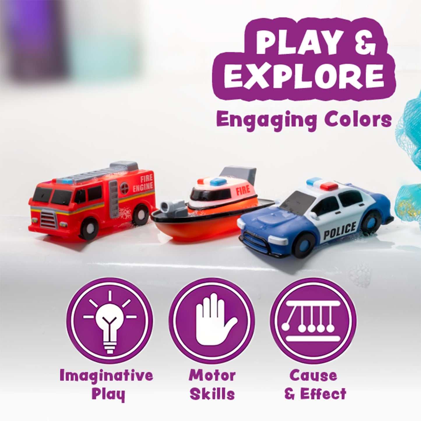 Tub Works® Emergency™ Cars Light Up Bath Toys, 12 Pack | Water-Activated Light Up Toys Flash & Change Color | Easy-Grip Baby & Toddler Bath Toys | Sensory Toys with Bath Lights for Kids Bath