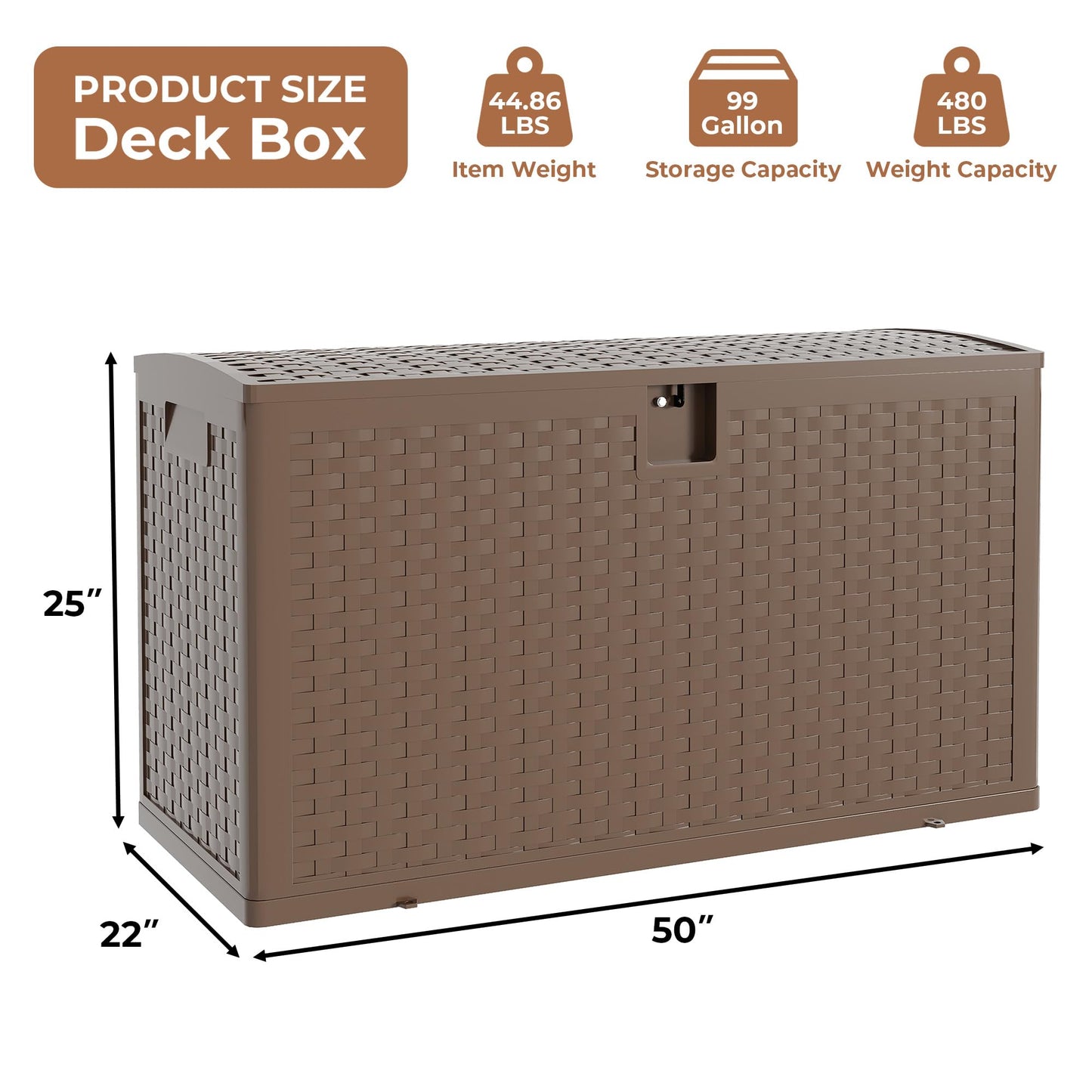 99 gal Brown Resin Deck Box, Outdoor Storage Box Waterproof Lockable, Patio Deck Box For Package Delivery, Outside Storage Box Container for Furniture Cushions, Garden Tools, Pool Accessories