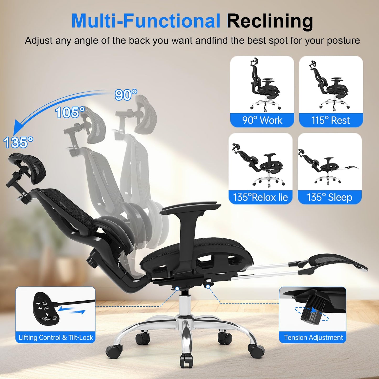 Freepub Ergonomic Mesh Office Chair, Home Desk Chair Comfy with Adjustable Lumbar Support 3D Headrest and Armrests, Reclining Big and Tall High Back Computer Gaming Chairs for Man Women, 350lbs Black