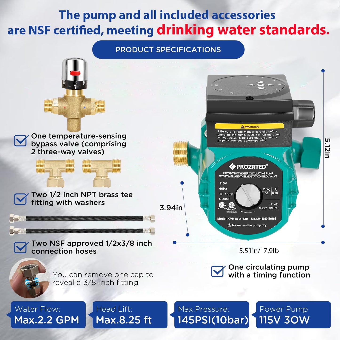 PROZRTED Instant Hot Water Circulating Pump with Built-in Digital Timer and Adjustable Thermostat Control Valve (From 68°F to 118°F),10 ft Cord, 2 Supply Lines
