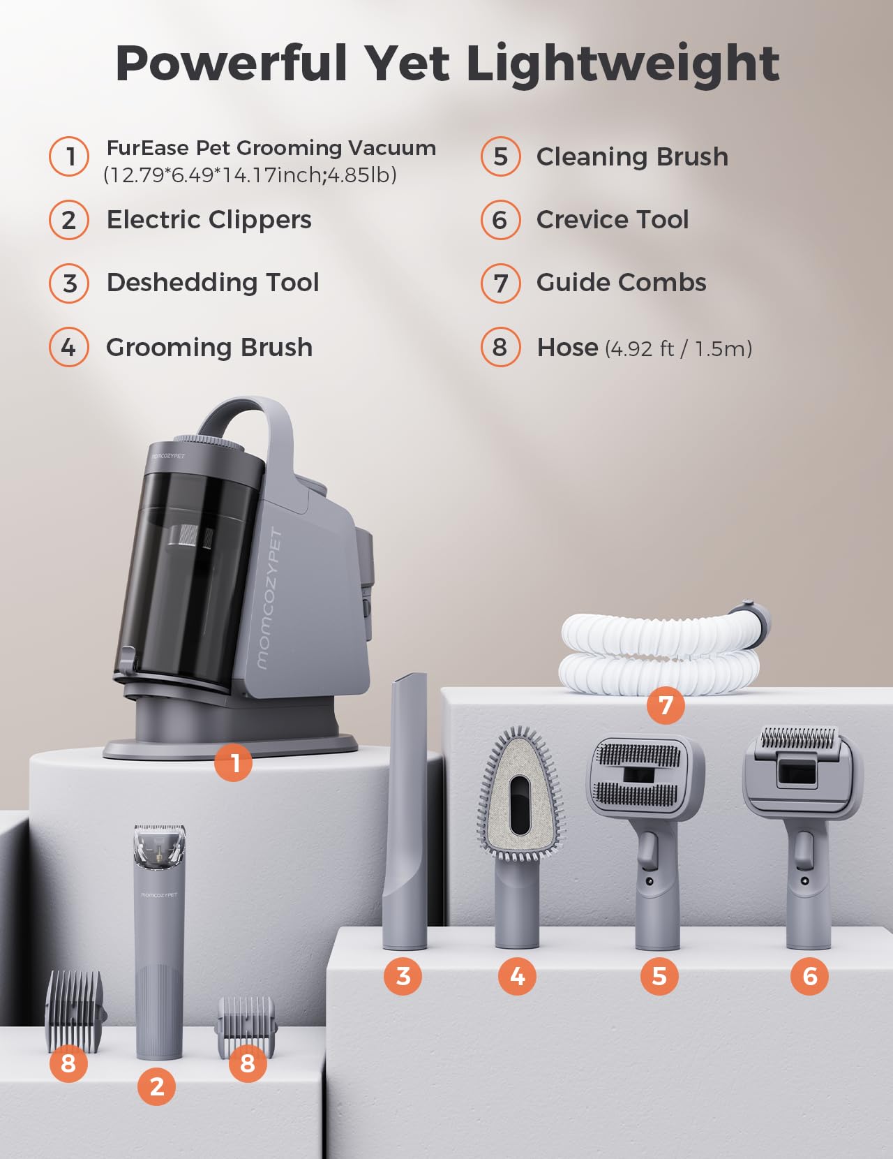MomcozyPet Dog Grooming Kit, FurEase Dog Grooming Vacuum with Dog Clippers for Grooming, 13000Pa Powerful Dog Vacuum for Shedding Grooming with 5 Pet Grooming Tools (Iron Gray, 2.5 Liter Canister)