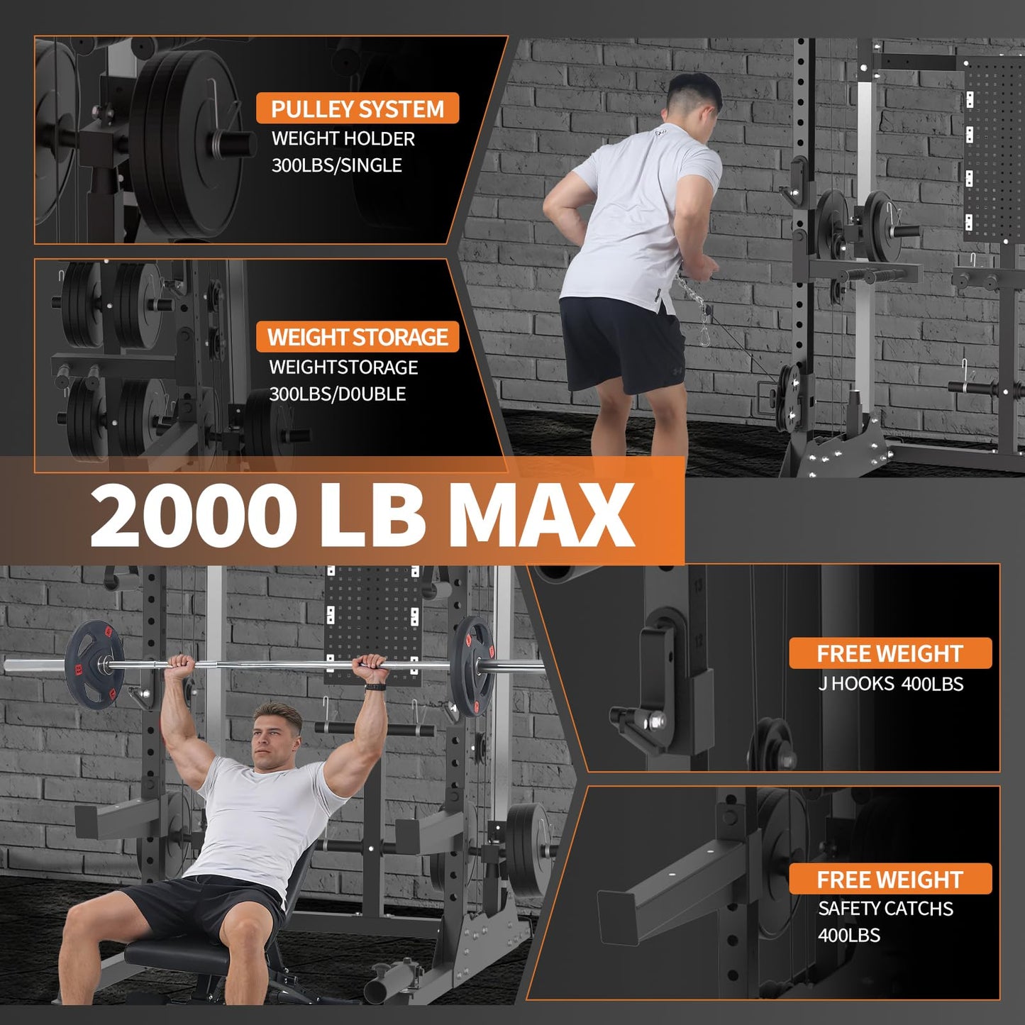 Power Cage, 2000 LB Squat Rack with Dual Pulley Cable Crossover, Multi-Function Home Gym Power Rack with Attachments, Full Body Strength Training Equipment for Home