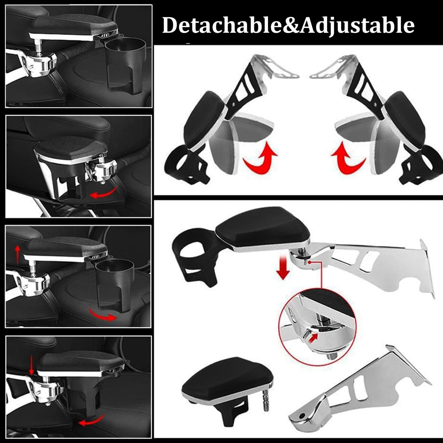 Motorcycle Passenger Armrests Adjustable with Cup Holder for Harley Touring Electra Glides Road Glide Ultra Tri Glide 2014-2024 Motorbike Accessories Parts Black