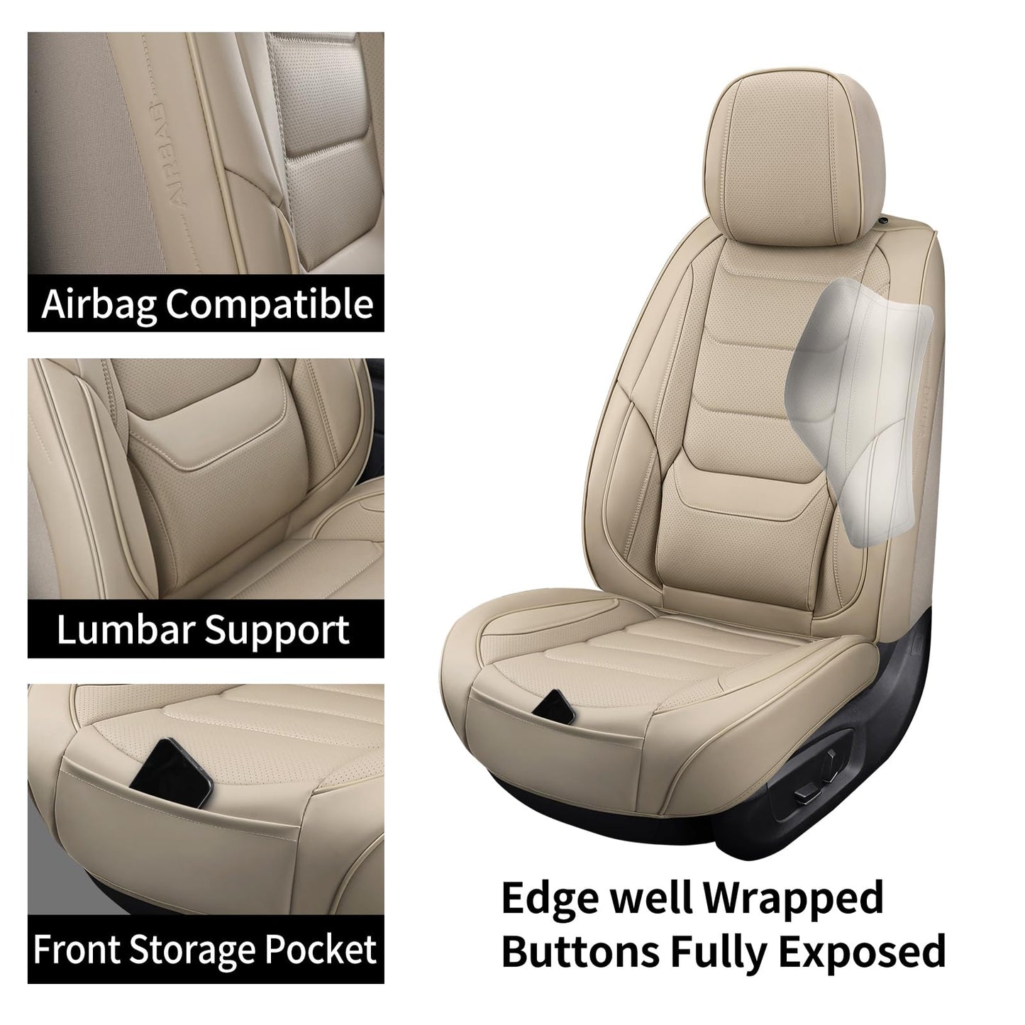 hoozoom Leather Car Seat Covers Full Set Breathable Automotive Seat Covers Waterproof Seat Protectors Universal Fit for Most Automotive Cars SUV Trucks(Beige, Full Set)