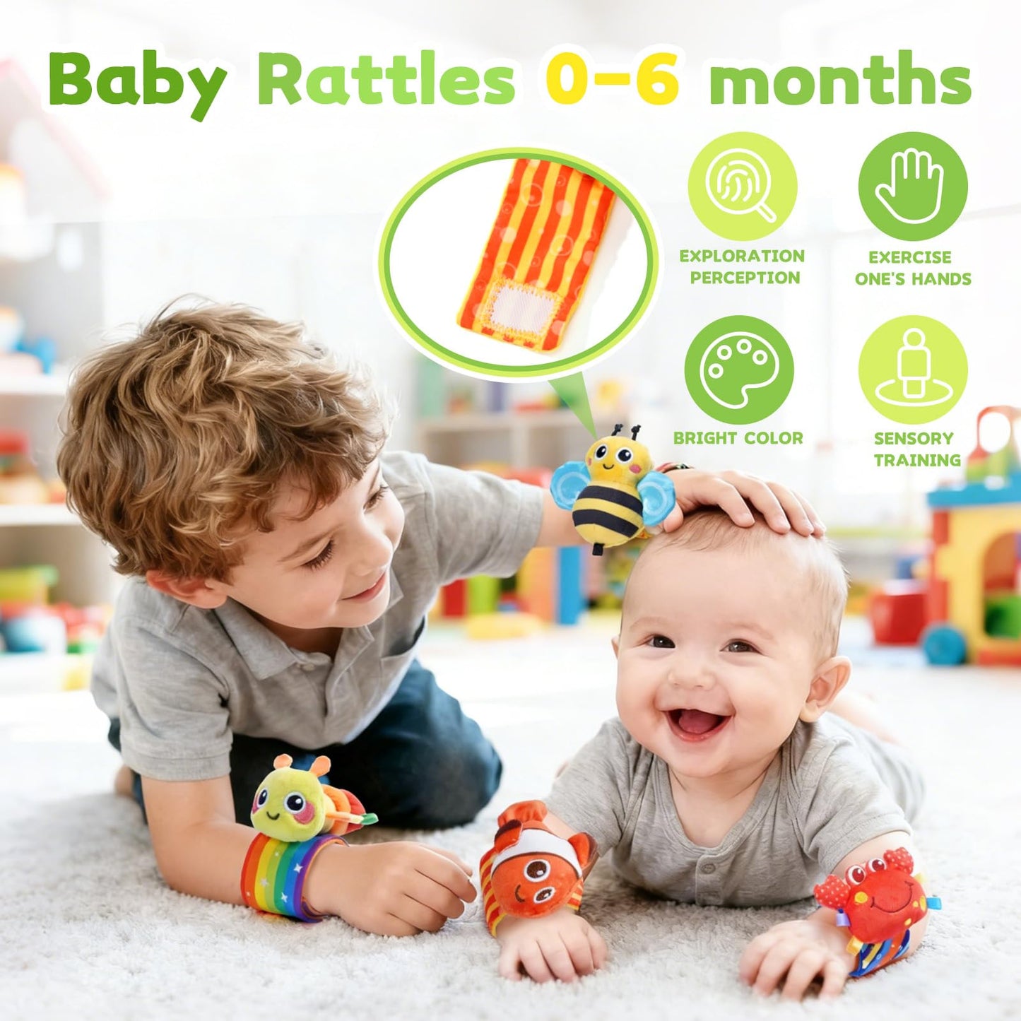 Baby rattles 0-6 Months, Cute Soft Newborn Wrist Rattle Foot Finder Socks Set,Infant Newborn Sensory Toy for 0 3 6 9 12 Months Boys Girls Gift (Insect)
