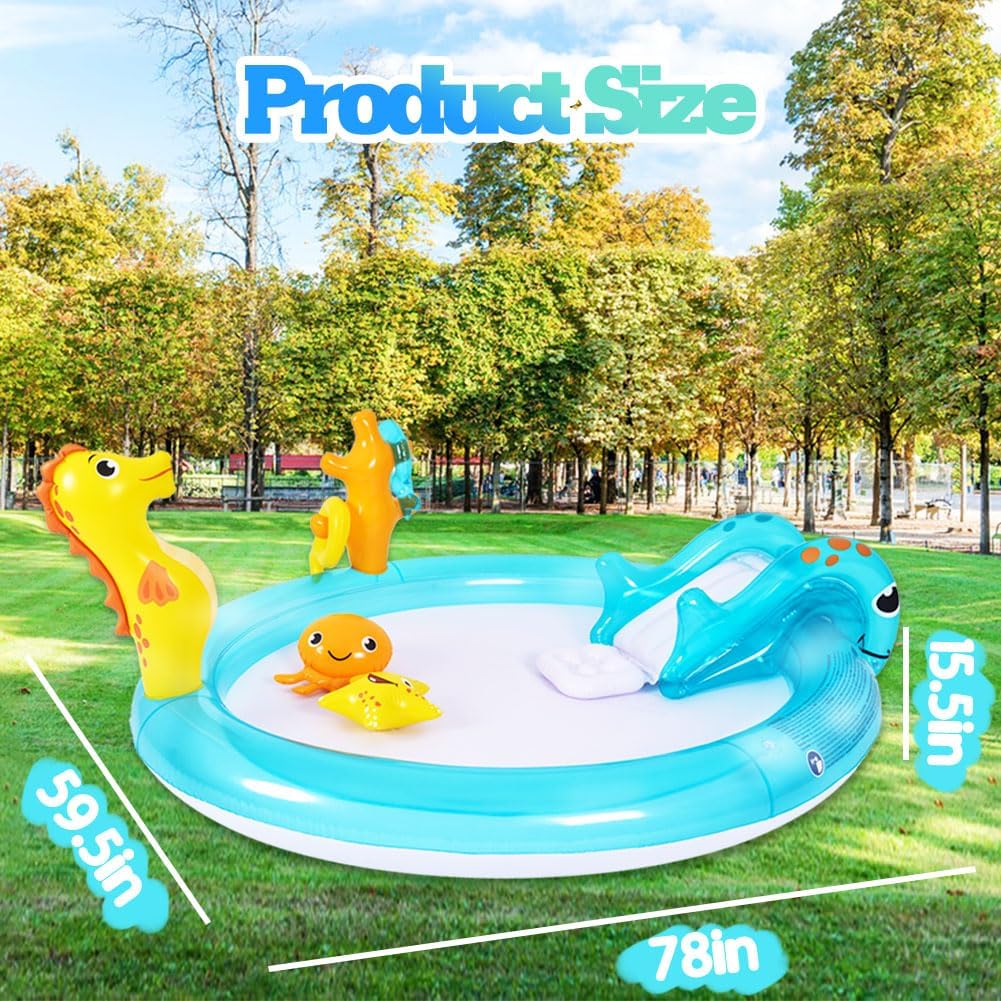 Inflatable Sea Animal Play Center, Inflatable Kids Swimming Pool with Water Slide, Water Sprayer, Sea Spray Kiddie Pool for Kids Children Summer Outdoor Splash, Backyard Garden Water Park