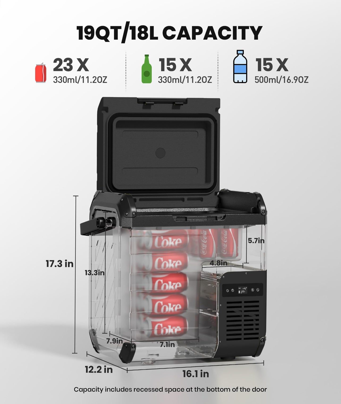 EENOUR D18 12 Volt Car Refrigerator, Portable Freezer 19Qt/18L Battery & Solar Powered Cooler 25W, -4~50℉, 12/24V DC, 110~240V AC, for 1-2 People, Short Trip, Truck (Battery Not Included) Black
