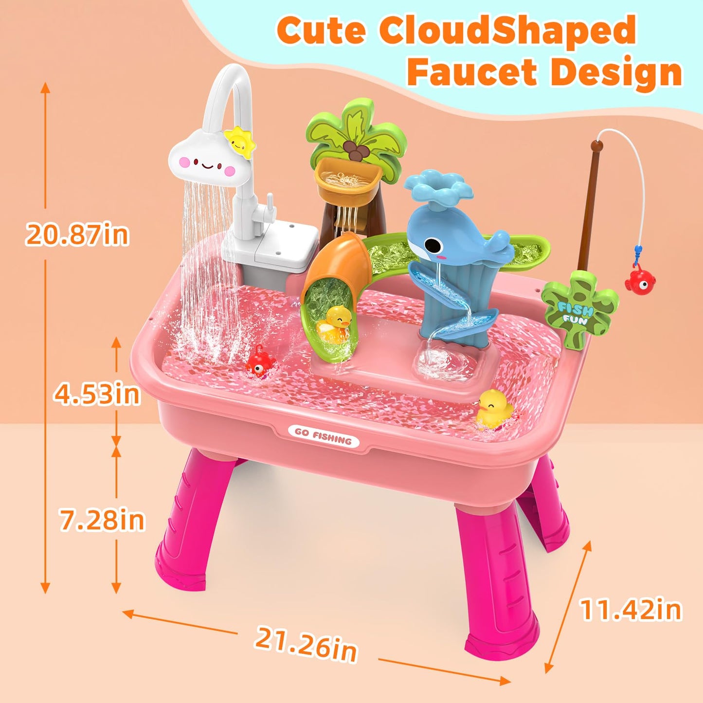 Water Table for Toddlers 1-3，Water Table with Pump，Role Play Sensory Toys，Toy Kitchen Sets for Kids Ages 4-8, Play Sink with Running Water & Electric Faucet，Outdoor Toys for Toddlers 1-3(Pink)