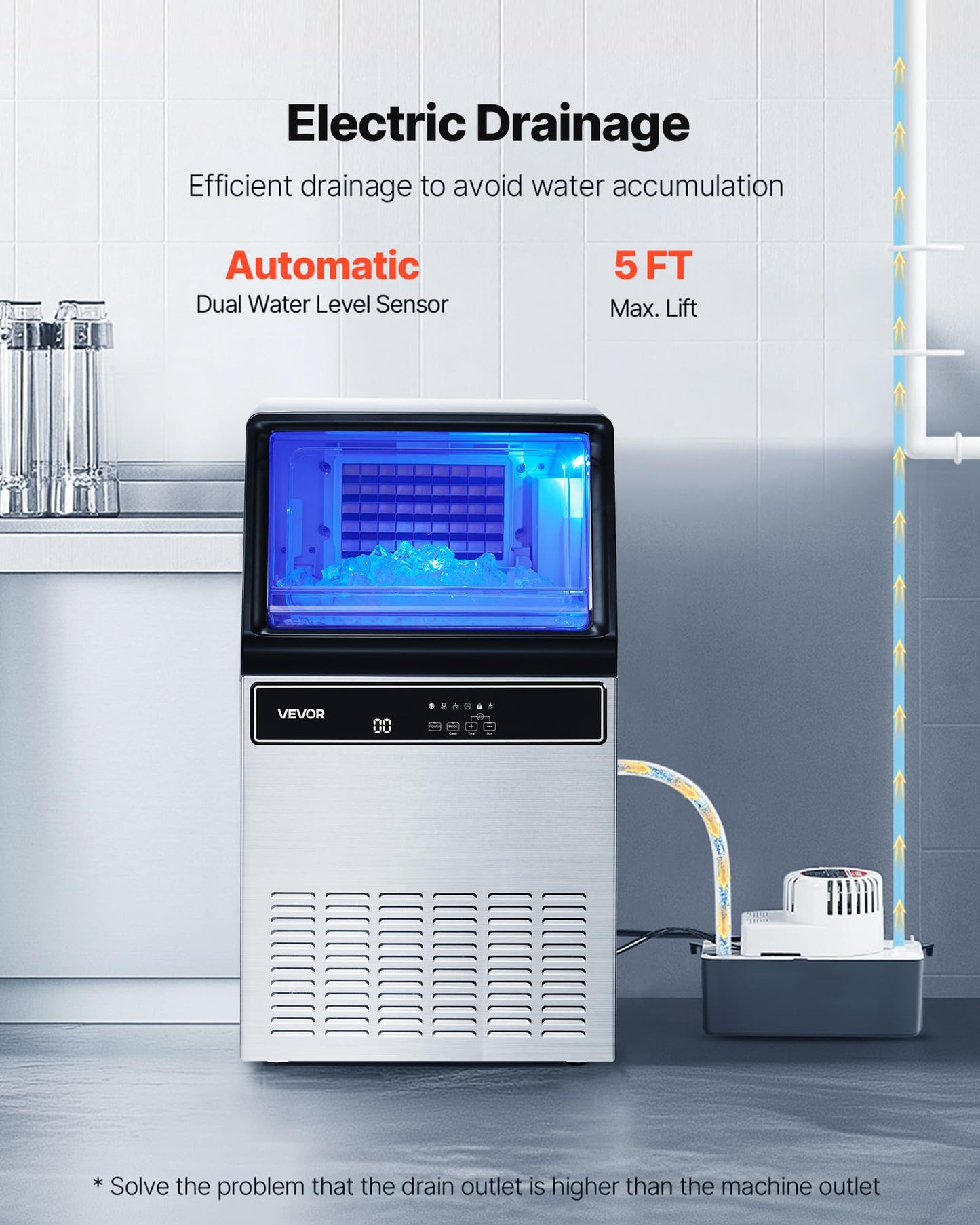 VEVOR Commercial Ice Maker Machine with Pump, 130Lbs/24H with 33Lbs Storage, 45 Cubes per Cycle, Freestanding & Under Counter Ice Maker with LED Display & Self-Cleaning, for Home Bar Restaurant
