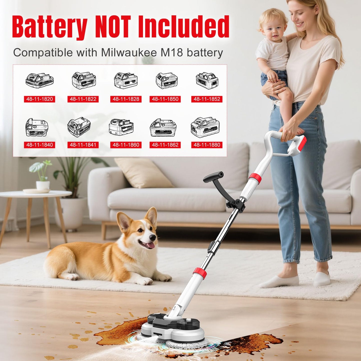 Cordless Electric Mop for Milwaukee M18 Battery (NO Battery), 2 In 1 Spin Mop & Floor Scrubber Machine with LED Light & Water Spray, 800 RPM Electric Mops for Floor Cleaning, Hardwood,Tile,Toilet,Tub