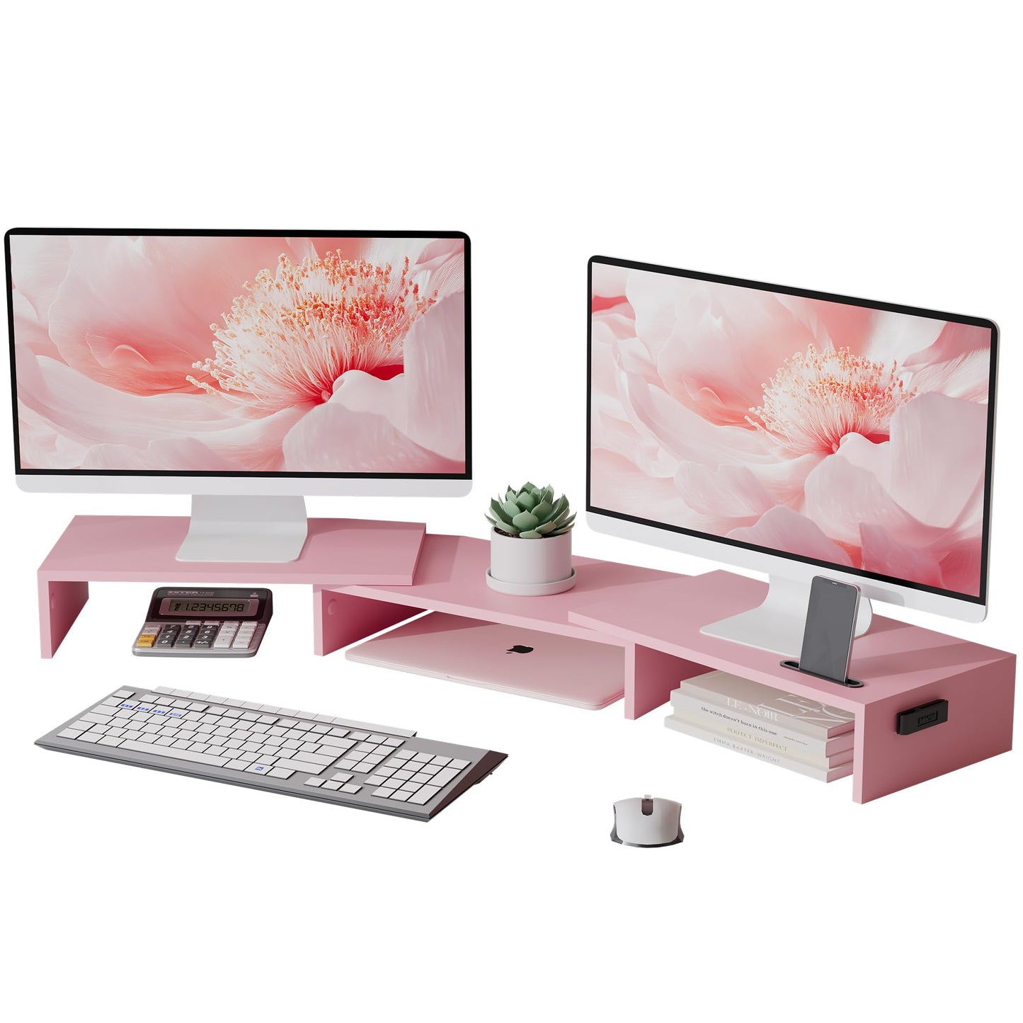 BONTEC Dual Monitor Stand Riser with Smartphone Holder, Adjustable Length & Swivel Angle, Ergonomic Wooden Desktop Organizer for PC Monitor, Laptop, Printer, Large Storage, White