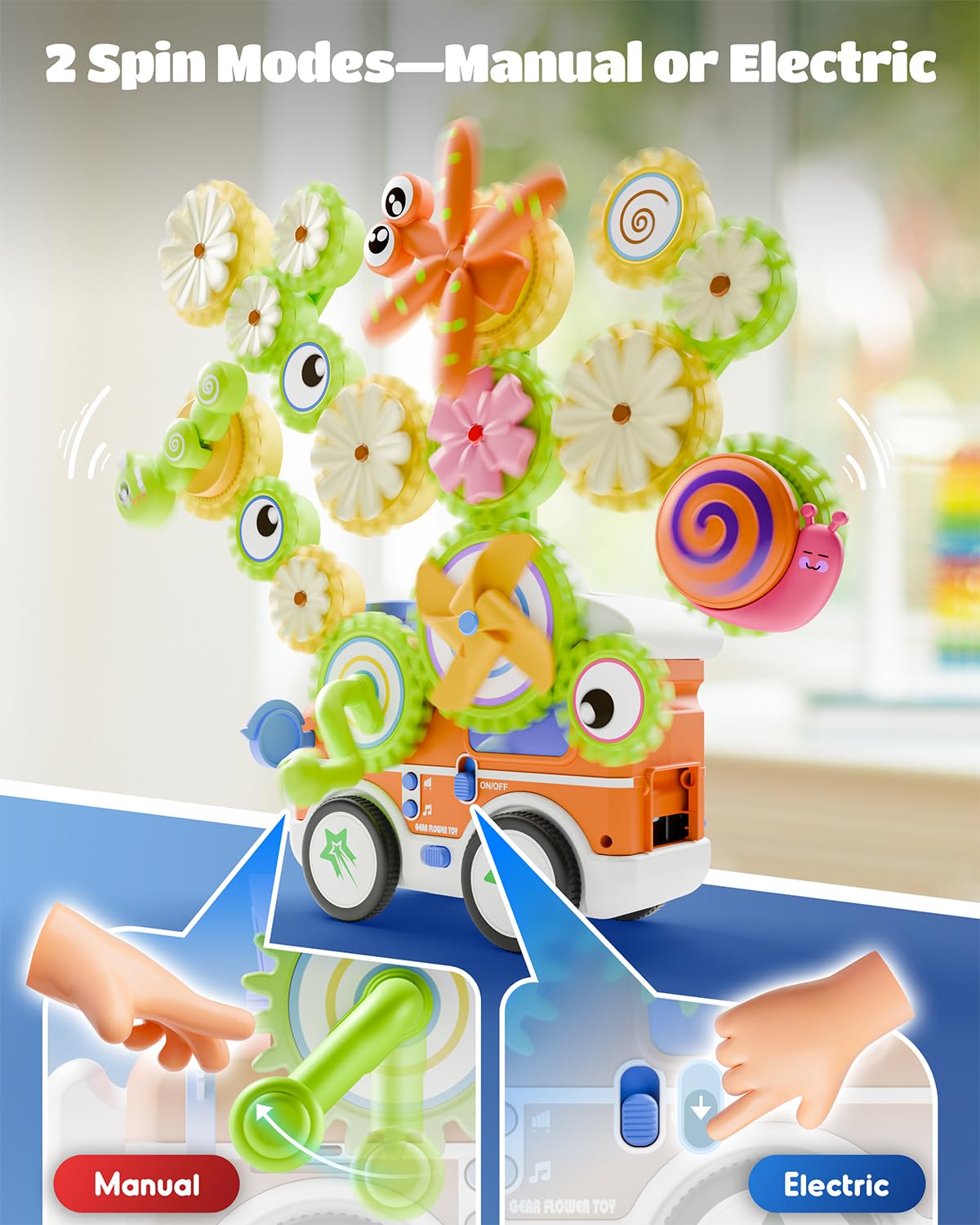 LIGHTDESIRE Montessori Toys for Toddlers 3 4 5 6 Years Old,Musical Baby Toy Train Electric Rotating Gear Flower Building Toddler Learning Toys,Stem Toy DIY Assembly Birthday Gifts Baby Boy Girl,Orange