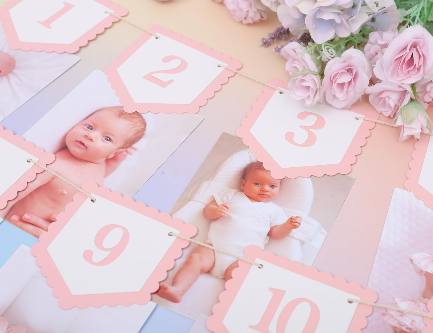 Pink Bow Monthly Milestones Photo Banner - Baby Girls Newborn to 12 Months Photo Display, 1st Birthday Photo Banner for Baby Girls, Bow 1st Birthday Decorations