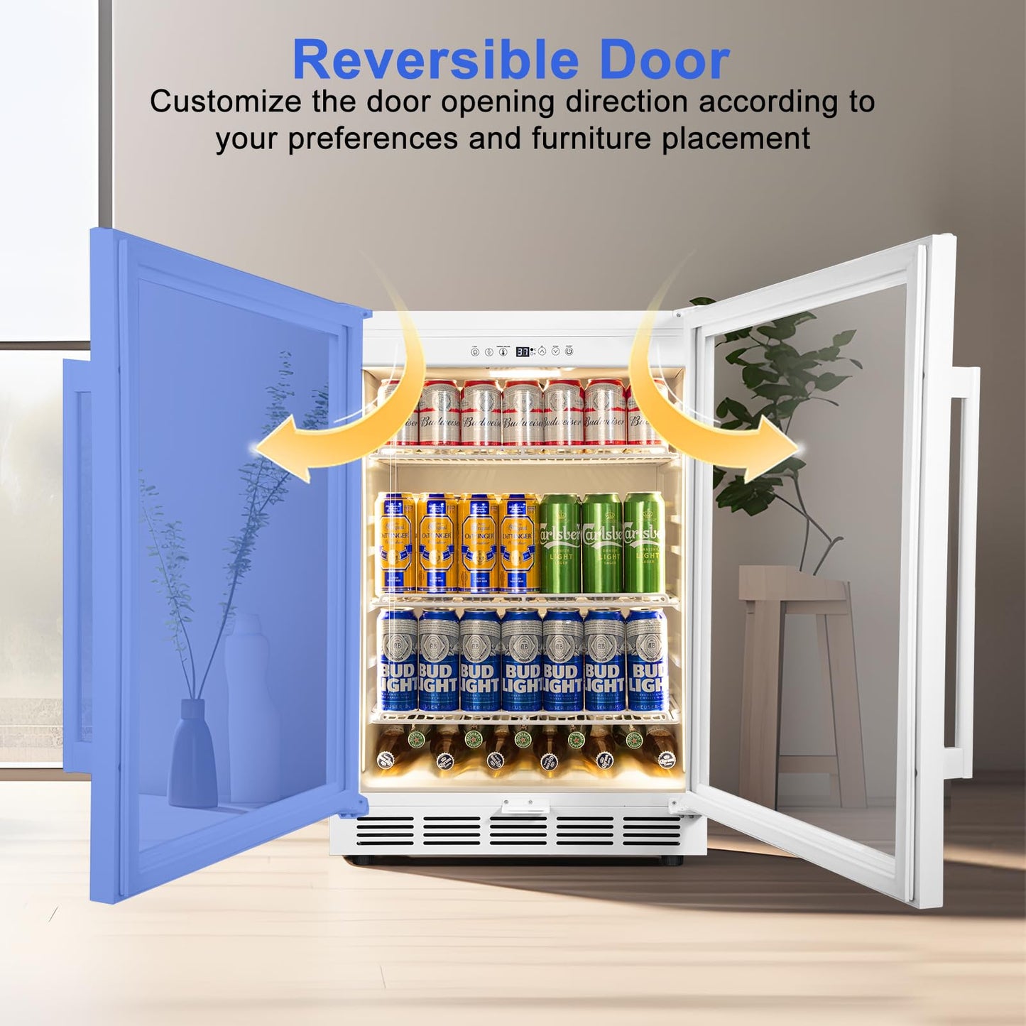 FoMup 24 Inch Beverage Refrigerator with Glass Door, Undercounter Beverage Fridge 200 Cans Large Capacity, Beverage Cooler for Beer Soda with Reversible Door, Temperature Control, Safety Lock, White