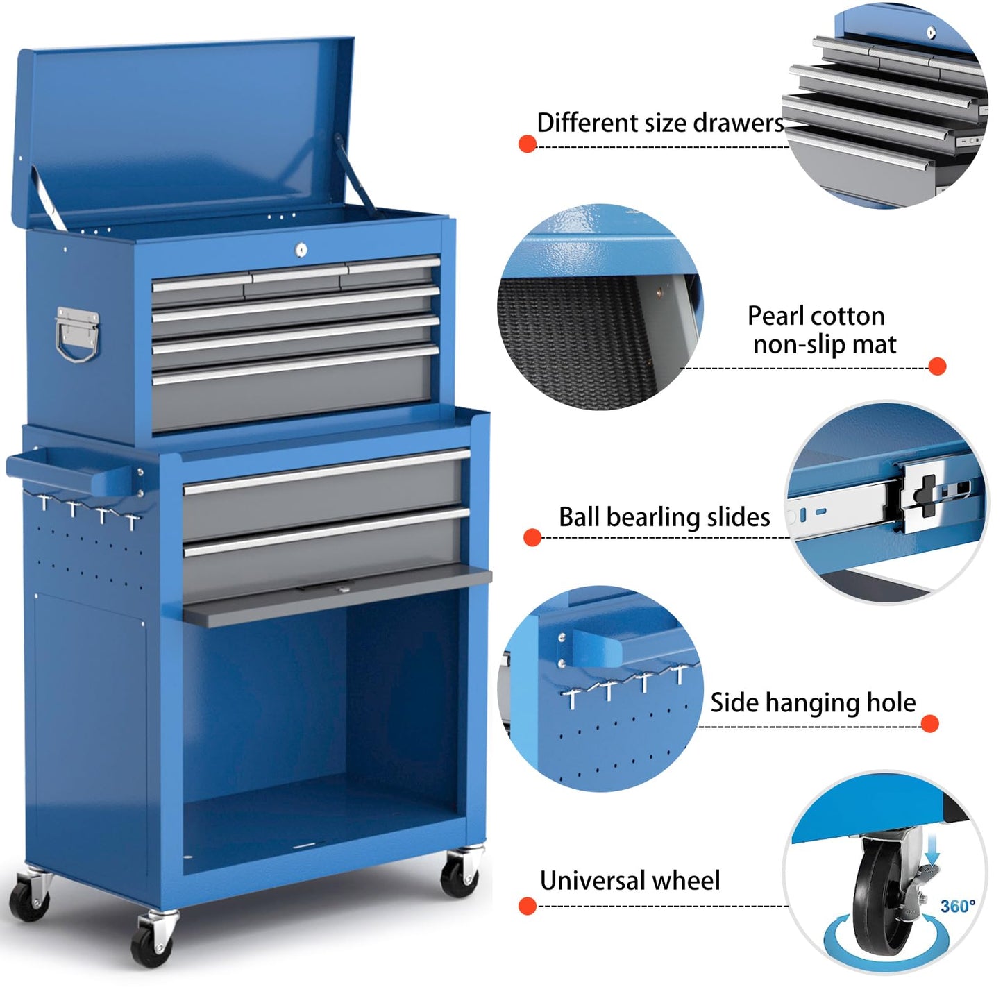 Tool Chest 8-Drawer | 42'' Large Rolling Tool Chest with Wheels | Detachable Top Metal Tool Box | Garage Storage Cabinet for Repair Room,Warehouse | Rolling Tool Box with Hooks,Liners,Tray Divider