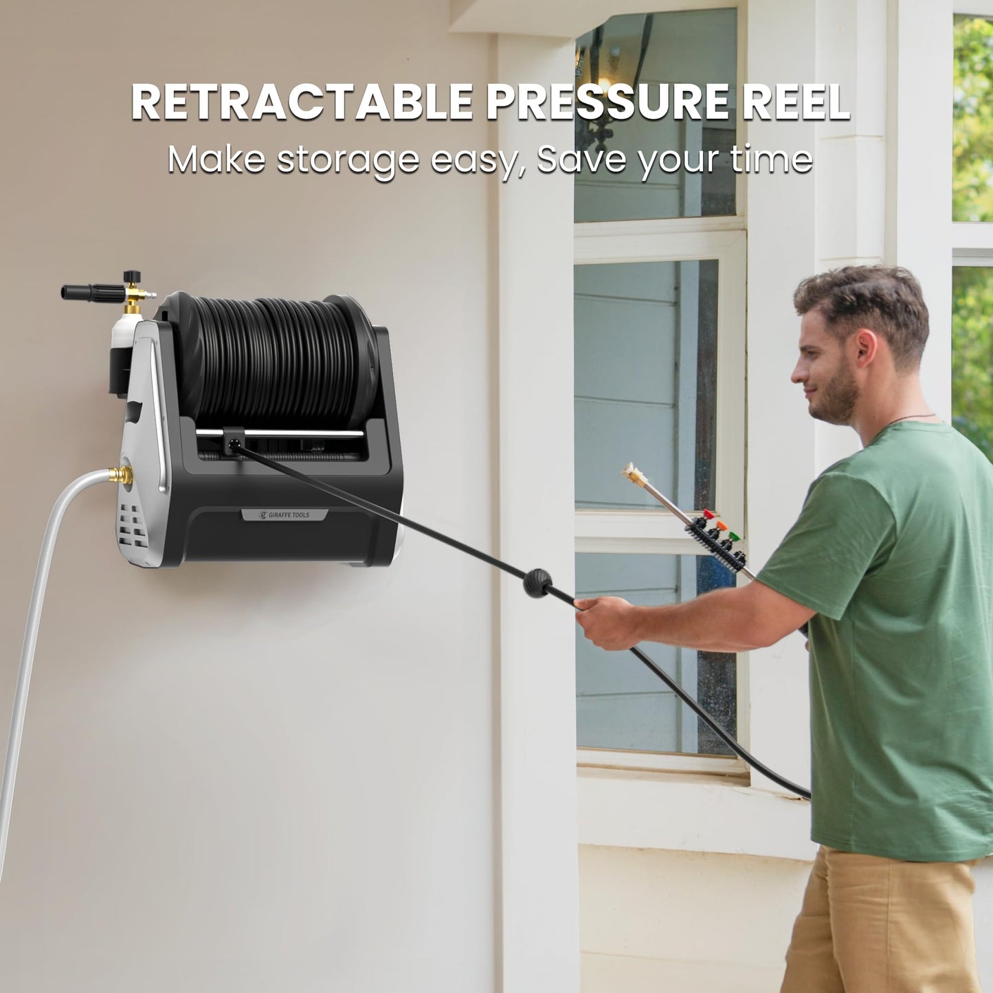 Giraffe Tools Wall Mounted Pressure Washer G30 with Upgraded 1800W Motor, Max 2900 PSI, 2.2 GPM Electric Power Washer with 100ft Retractable Black Pressure Hose, Automatic Rewind, Light Silver