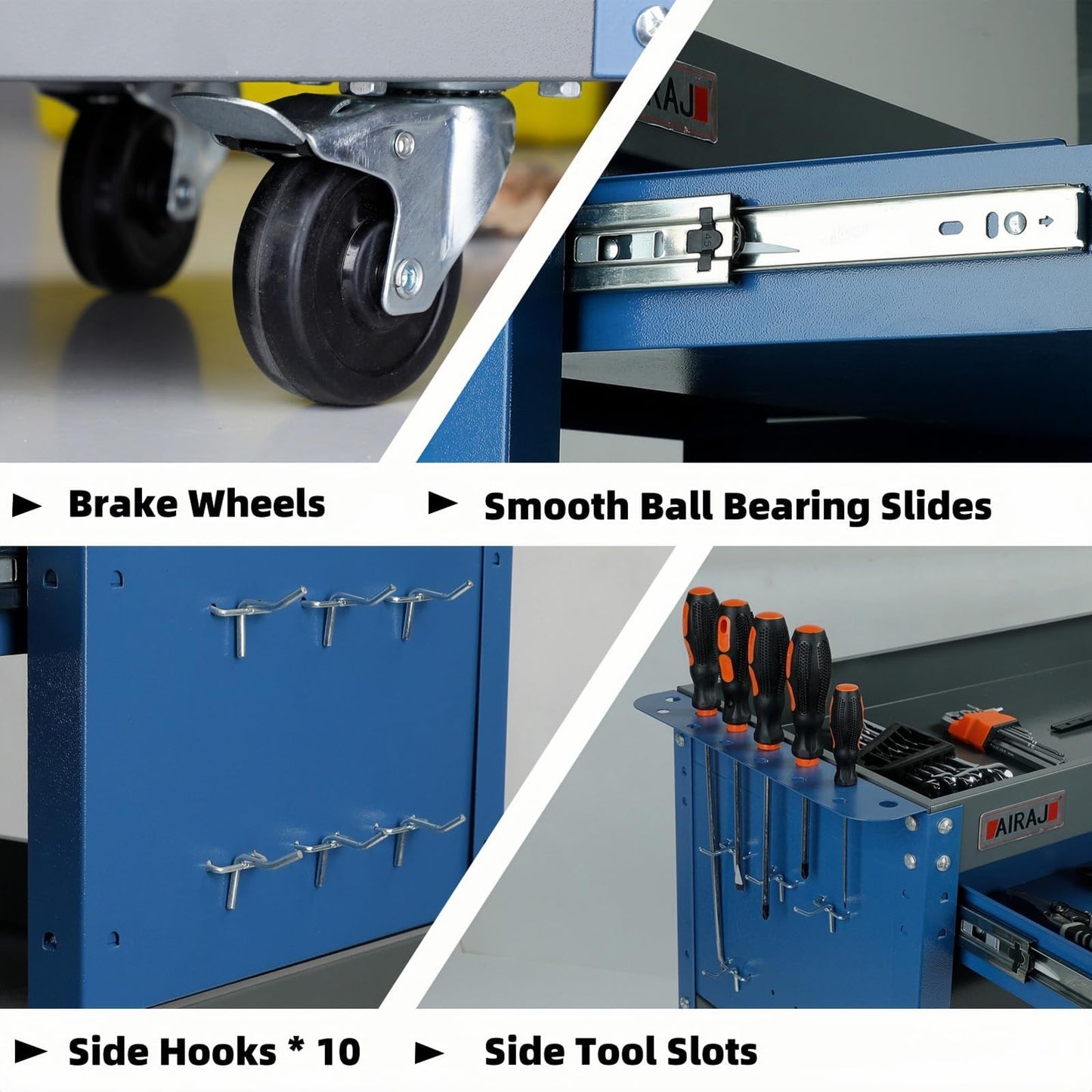 AIRAJ PRO Heavy Duty Tool Cart on Wheels,440LBS Mechanic Tool Cart with Drawers,Utility Industrial Service Carts with Hooks,Drawers and Locking System,for Mechanic, Warehouse, Garage, Workshop