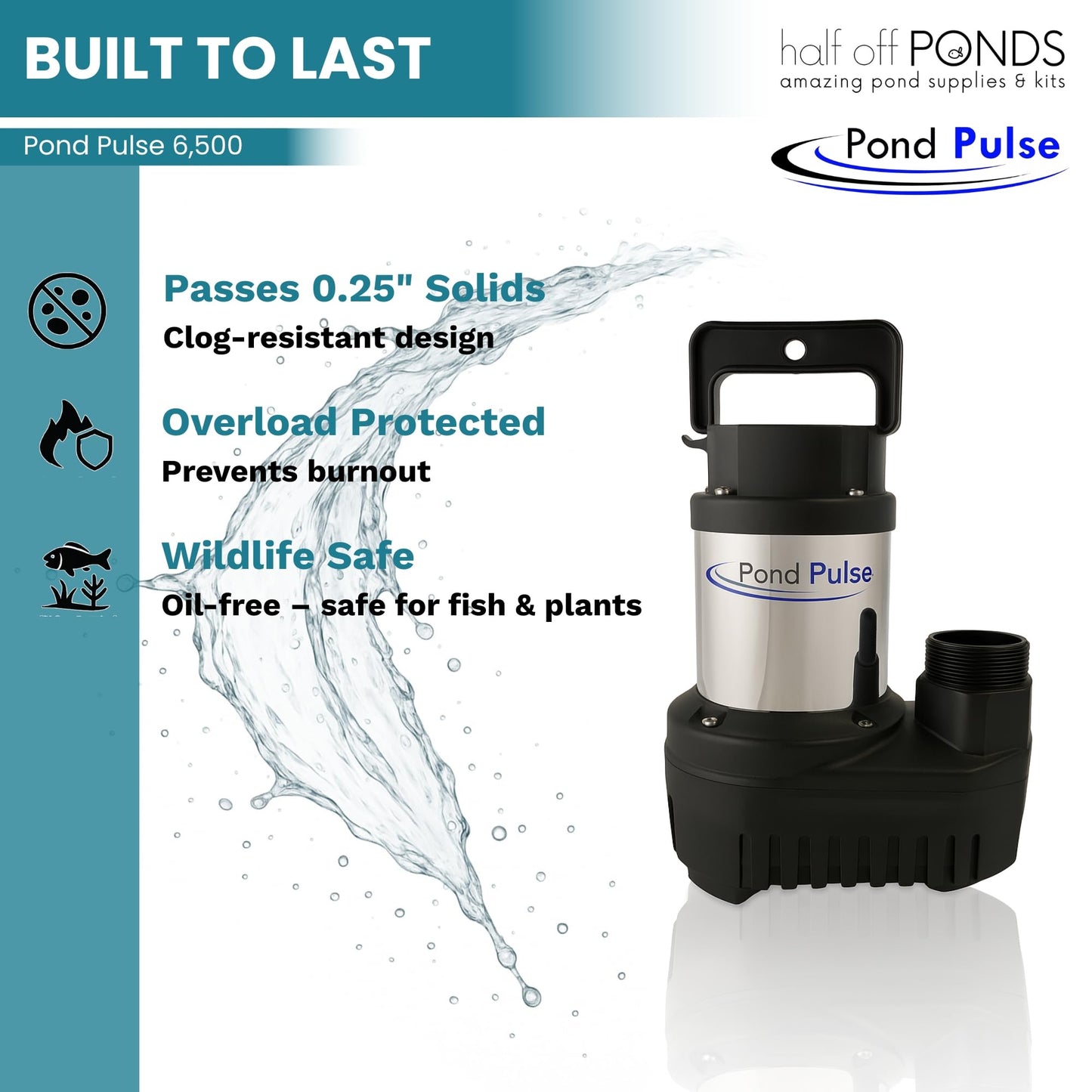 HALF OFF PONDS Pond Pulse 6,500 GPH Submersible Waterfall Pump – Hybrid Drive Pond Pump with 30' Cord – Energy Efficient, Fish Safe, 33' Max Head, for Skimmers & Large Water Features