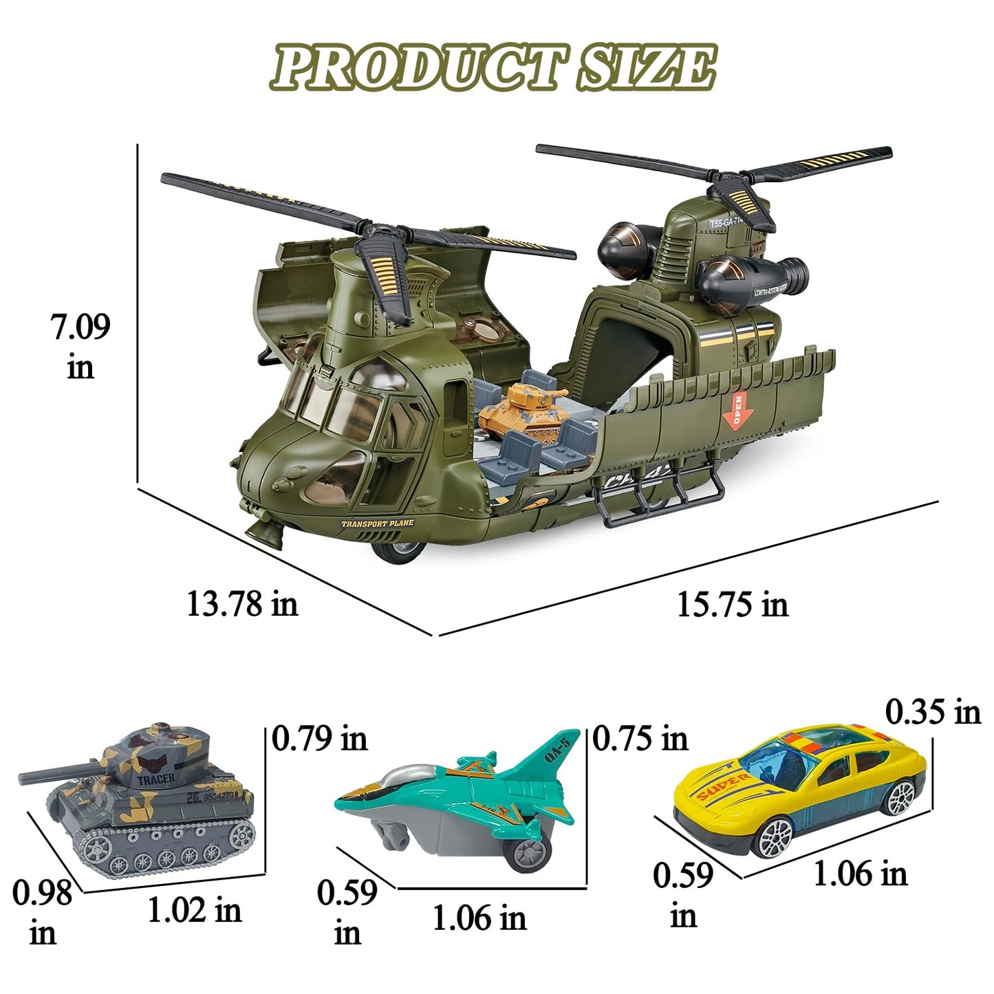 Yiwsnust Military Helicopter Toys Set with Light - Friction Powered Transport Helicopter Toy with Army Tanks, Airplanes, Mini Cars - Army Toys Military Playset Christmas Birthday Party Gifts for Kids