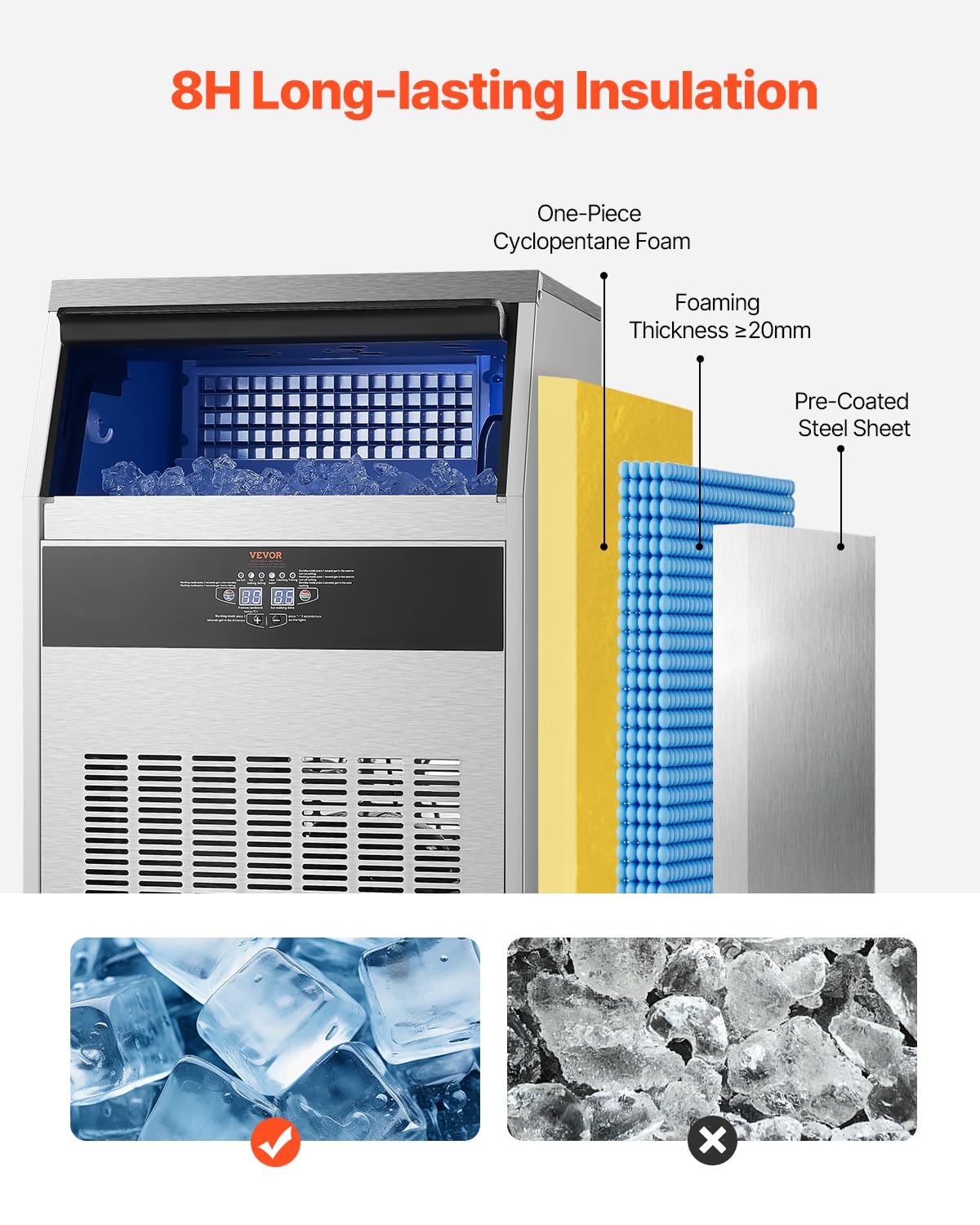 VEVOR 160lbs/24H Commercial Ice Maker Machine with Drain Pump, 66lbs Storage Capacity Ice Maker, 80 Ice Cubes in 15 Minutes, LED Digital Display Freestanding Self-Cleaning for Bar Office Restaurant