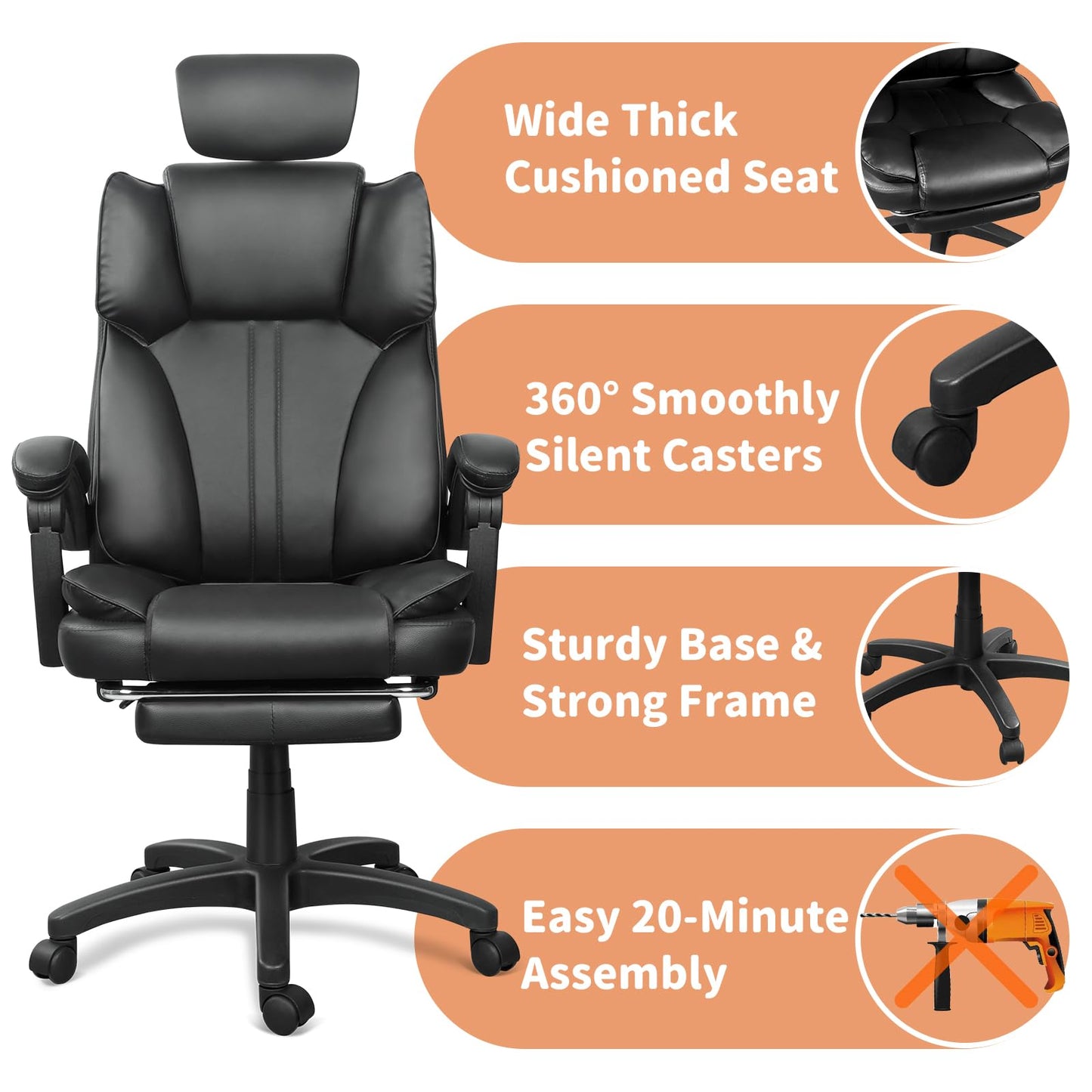 Big and Tall Office Chair Comfy Ergonomic Leather Computer Desk Chair with Headrest High Back Reclining Executive Chair with Footrest, Black