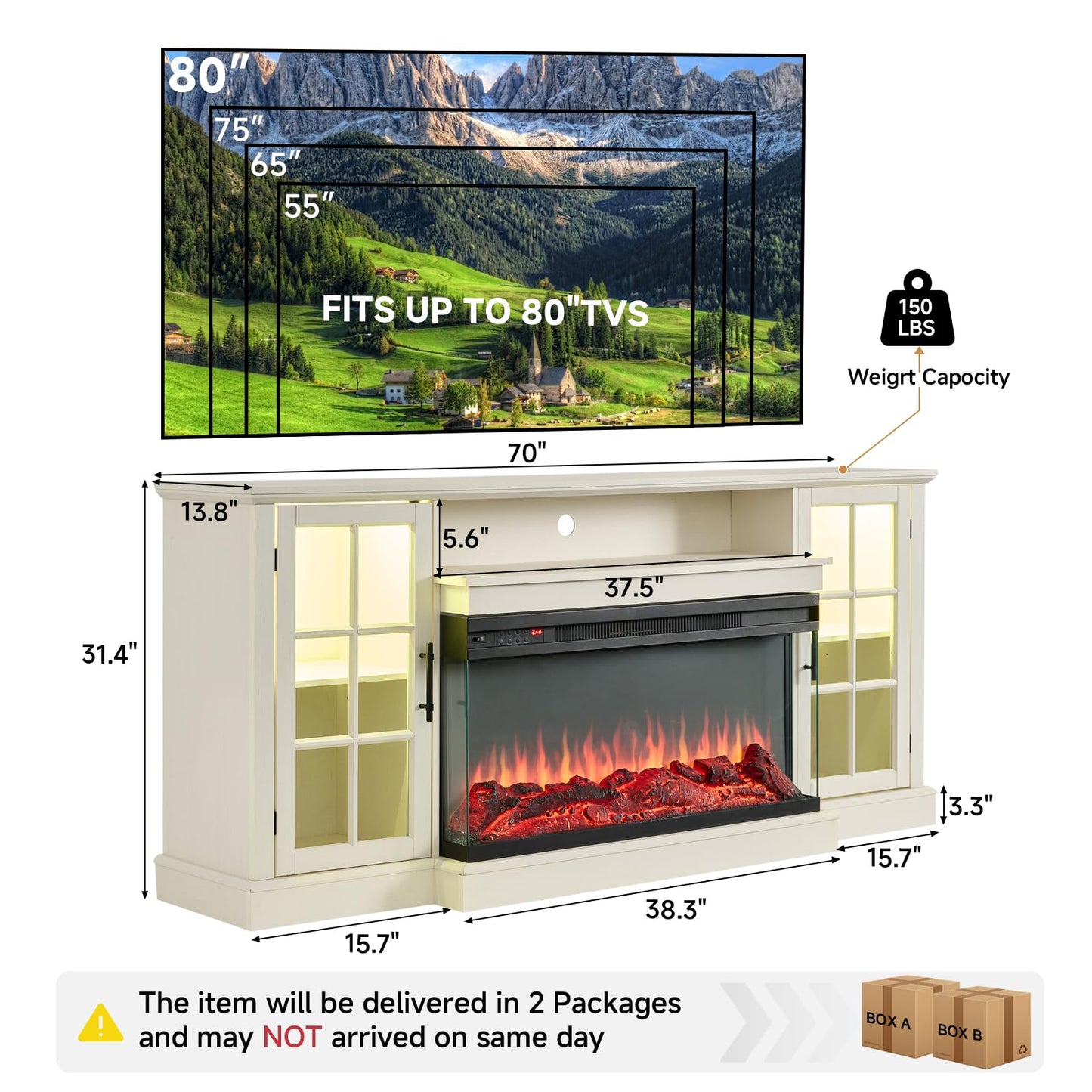 ROCKPOINT 3 Sided Glass 70" Fireplace TV Stand for TVs up to 80inch, Media Entertainment Center with Glass Door Storage Cabinet,36" Electric Fireplace with LED Light and Flame Colors, White