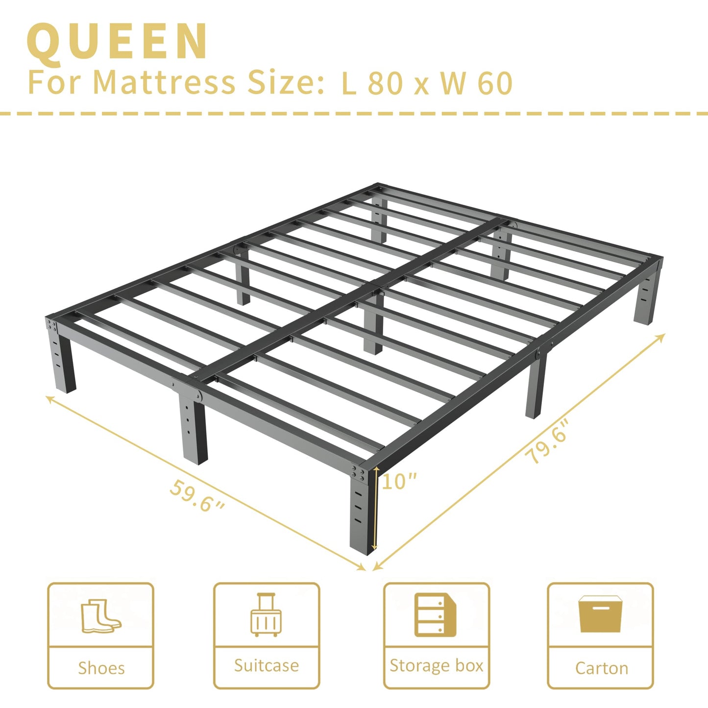 ALDRICH 10 Inch Metal Bed Frame Queen Size - Double Black Basic Steel Slats Platform, Easy Assembly Heavy Duty Noise Free Bedframes, No Box Spring Needed
