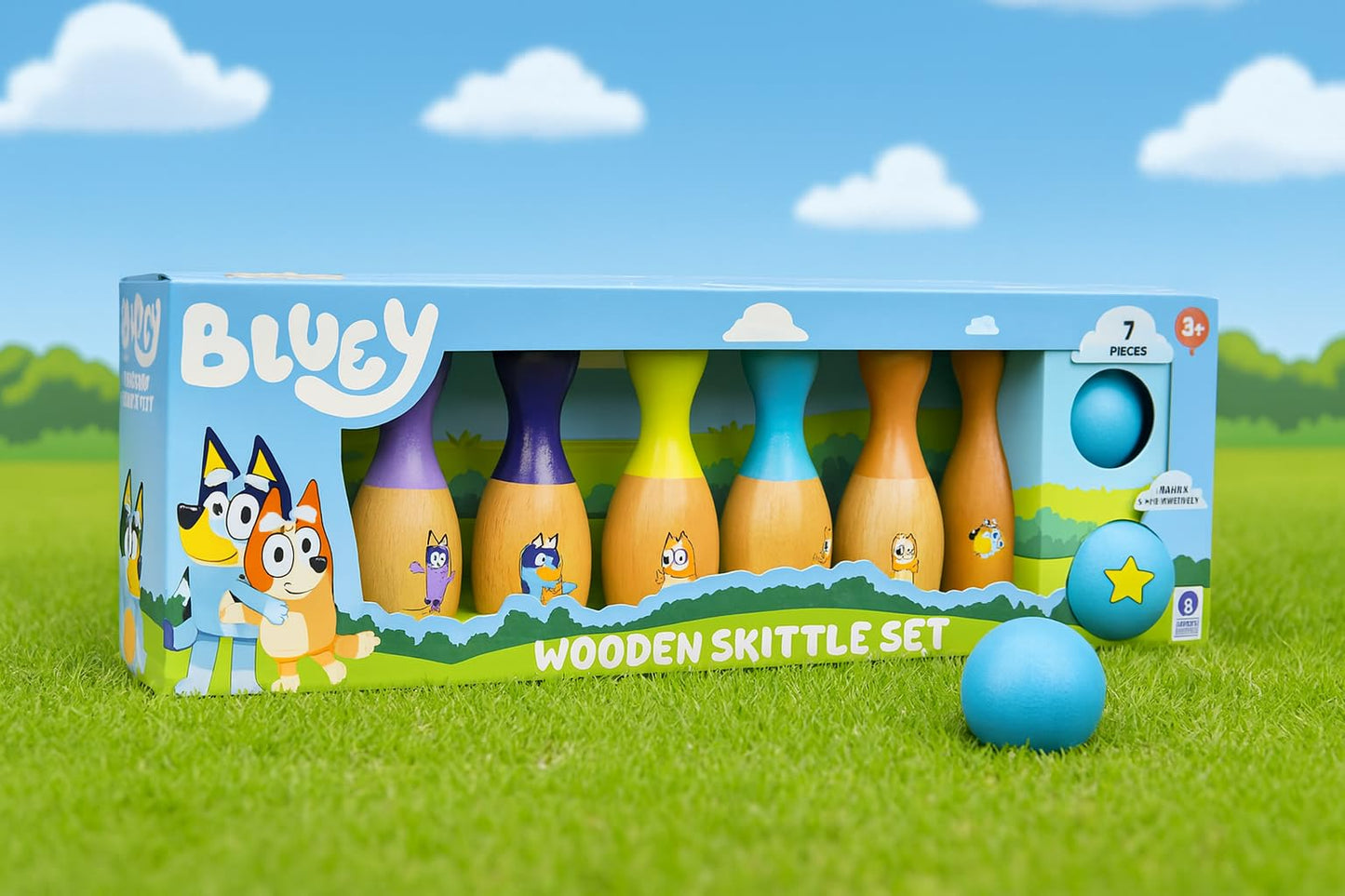 Bluey Wooden Bowling Set – Skittle Game with 6 Character Wooden Bowling Pins, Durable Toy for Kids Ages 3+, Indoor & Outdoor Play