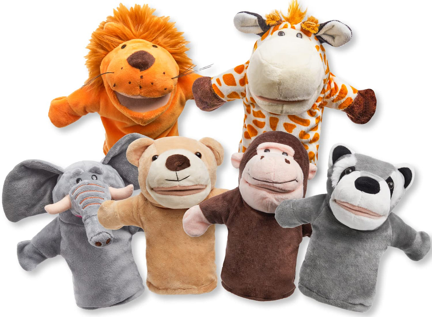 JOYIN 6Pcs Kids Hand Puppet Set with Working Mouth, Toddler Plush Toy Includes Elephant, Giraffe, Lion, Bear, Raccoon and Monkey for Show Theater, Easter Birthday Gifts for Kid