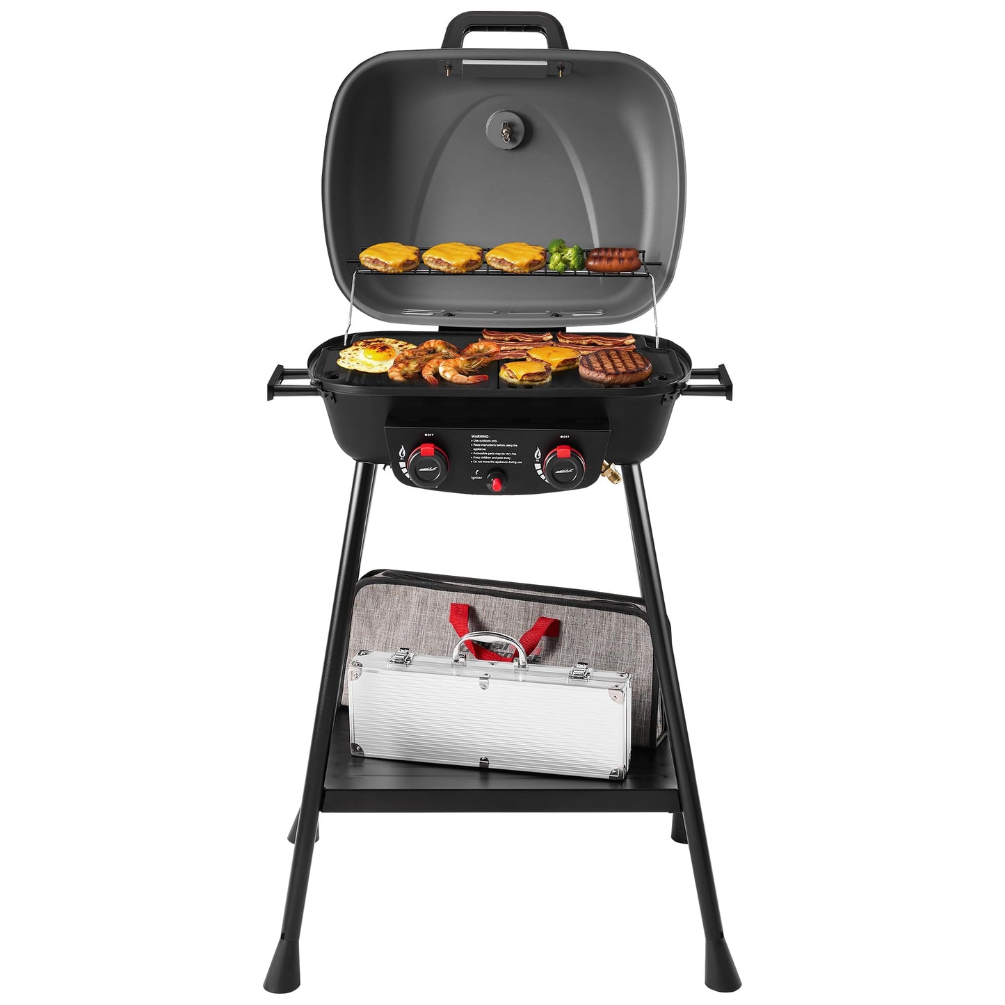 Royal Gourmet GT2003 Portable 2 Burner Propane Gas Grill with Stand and Warming Rack, 2-in-1 Grill Griddle Combo with 17,000 BTUs Output forCamping, Tailgating, Backyard, Gray