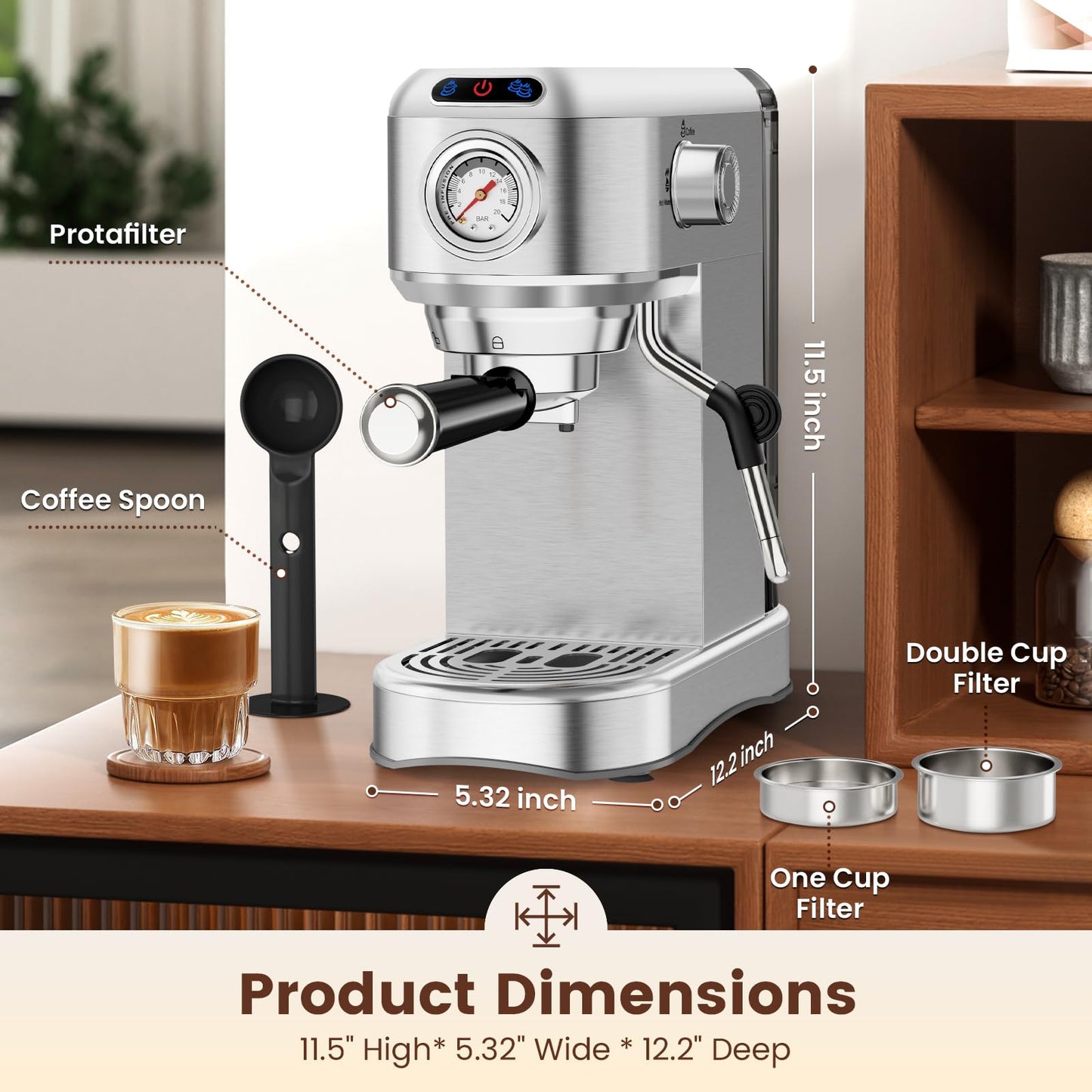ANYCOLD Espresso Machine 20 Bar, Compact Espresso Maker, Stainless Steel Expresso Coffee Machines with Steam Milk Frother & 34oz Removable Water Tank for Cappuccino, Latte, Home Office Use, Silver