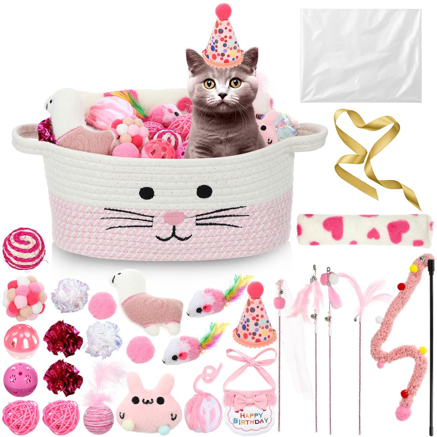 Zopeal Mother’s Day Cat Toy Set Interactive Cat Toys Pack Including Feather Teaser Wand Plush Gift Outfit Mice Crinkle Balls and Pet Bell Balls, Puzzle for Indoor Cats Gift Basket for Kitten(Pink)