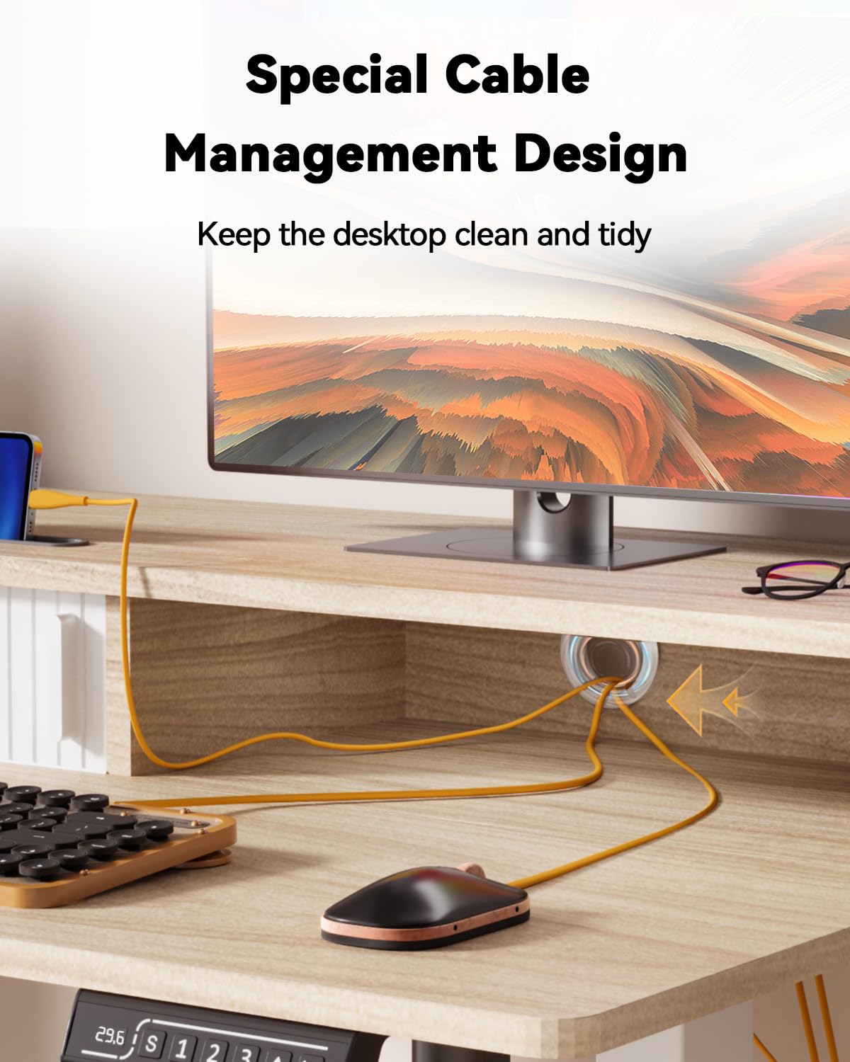 JOY worker Small Electric Standing Desk, 35" x 25" Height Adjustable Desk with Built-in Monitor Stand & Storage Drawer, White Sit Stand Desk with 2 Hooks for Home Office, Light Walnut