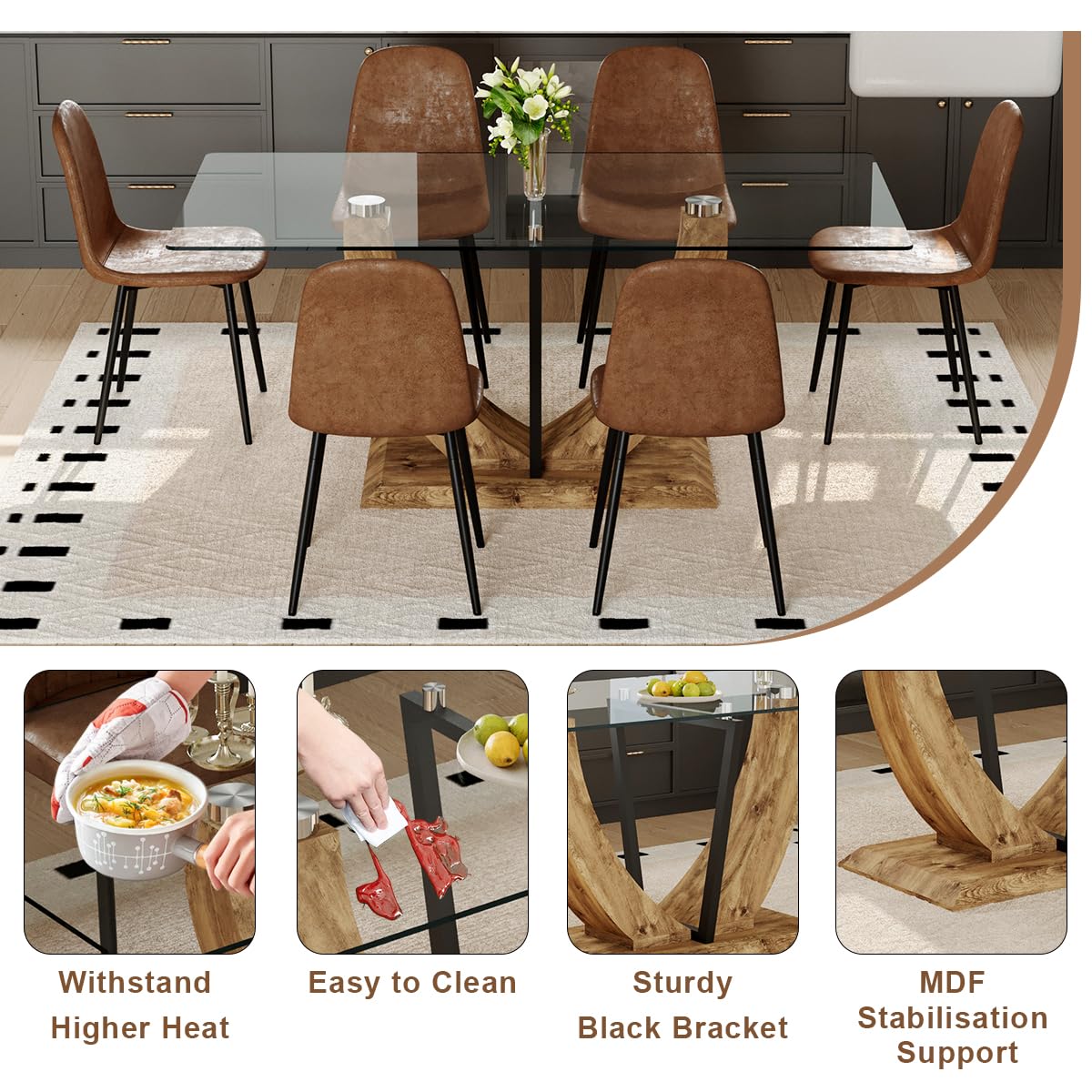 JEARGE 71" Glass Dining Table Set for 6, 7 Piece Dining Table Set,Tempered Glass Table Top with U-Shaped Legs and Fabric Dining Chairs,Ideal for Kitchens, Living Rooms (Brown Chair, 1 Table+6 Chairs)