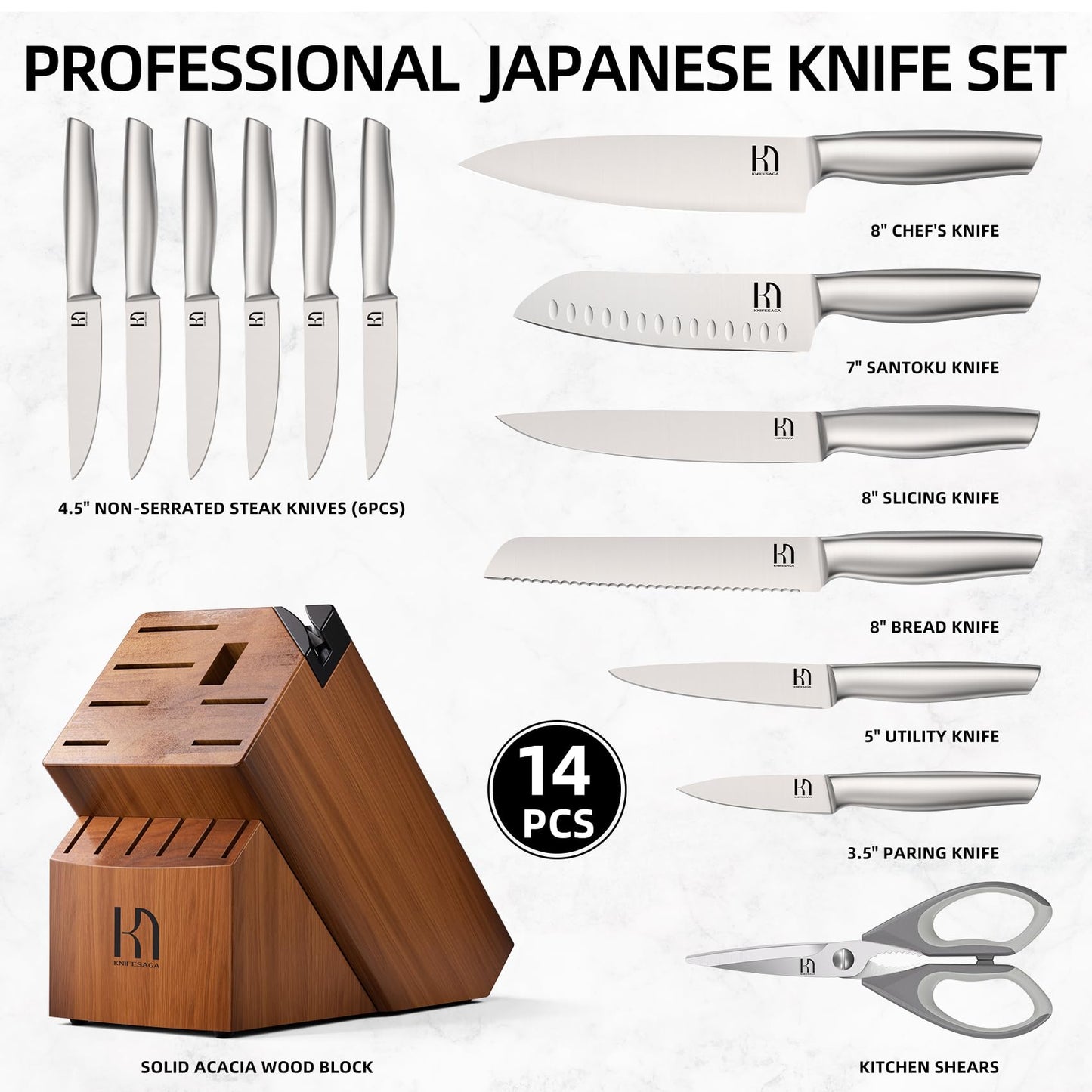 KnifeSaga Kitchen Knife Set 14 Piece Premium Japanese High Carbon Stainless Steel Knife Block Sets with Built-in Sharpener, Razor Sharp Knives Set for Kitchen, Quality Acacia Wood Block Knife Set