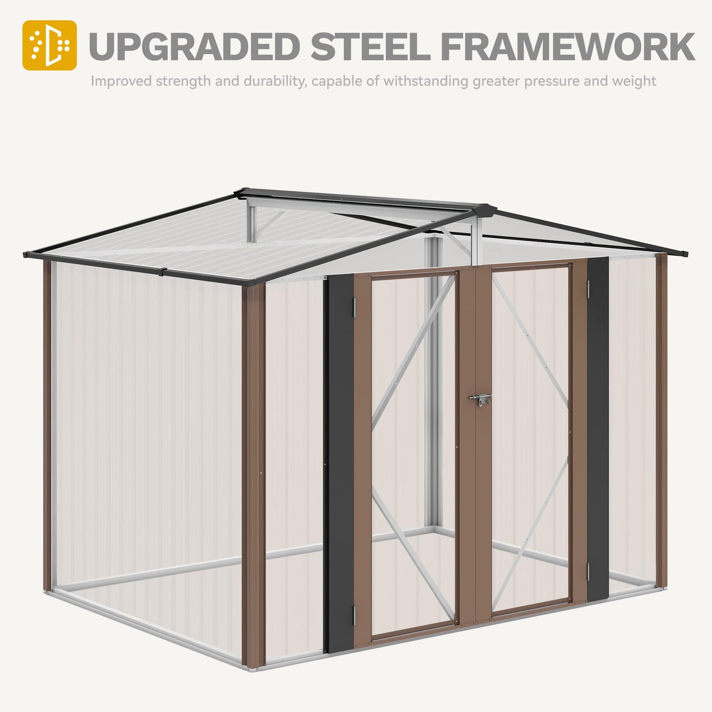 DWVO 8x6FT Outdoor Storage Shelter, Roomy Steel Tool Shed with Secure Entrances & Air Circulation for Patio, Lawn, and Backyard, Ideal for Storing Garden Gear, Lawn Tools, and Bikes, Brown
