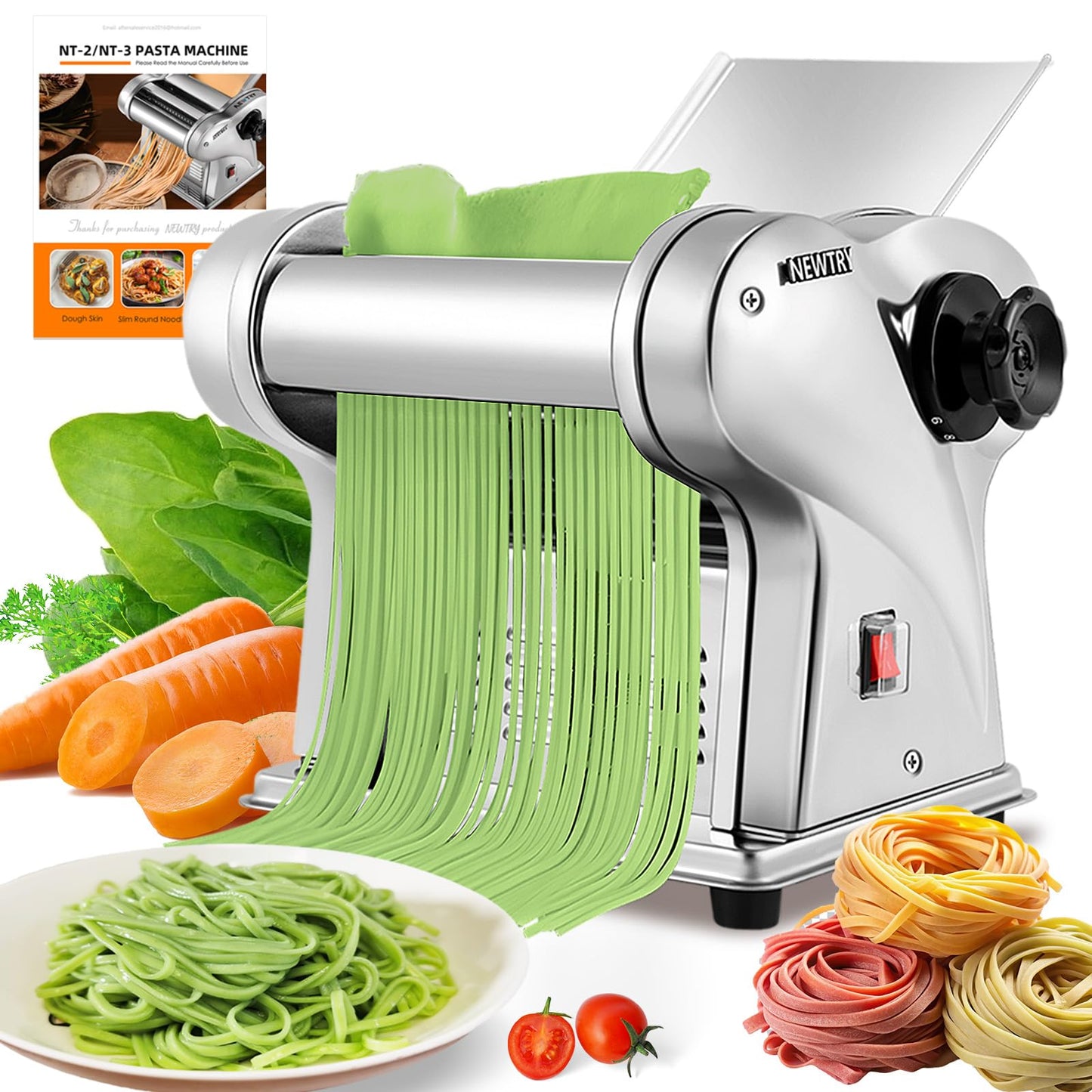 NEWTRY Electric Pasta Maker Noodle Maker Pasta Making Machine Dough Roller Cutter Thickness Adjustable Stainless Steel US 110V for Family Use 2 Blades Type